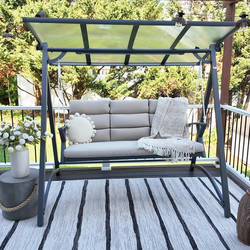 PURPLE LEAF Porch Swing 3 Person Patio Swing Chair with PVC Canopy Outdoor Deluxe Modern Yard Hammock Swinging Chairs w/Solar LED Light and Cushions for Backyard Glider Outside Loveseat Bench