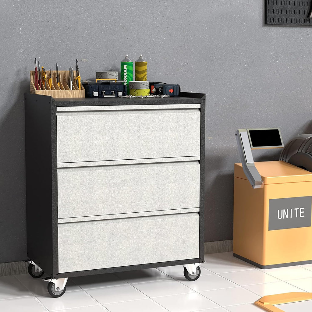 3 Drawers Metal Storage Cabinet with Wheels, Garage Storage Cabinet on Wheels,35.4' H Top Workbench Mobile Tool Chests,Assembly Required…