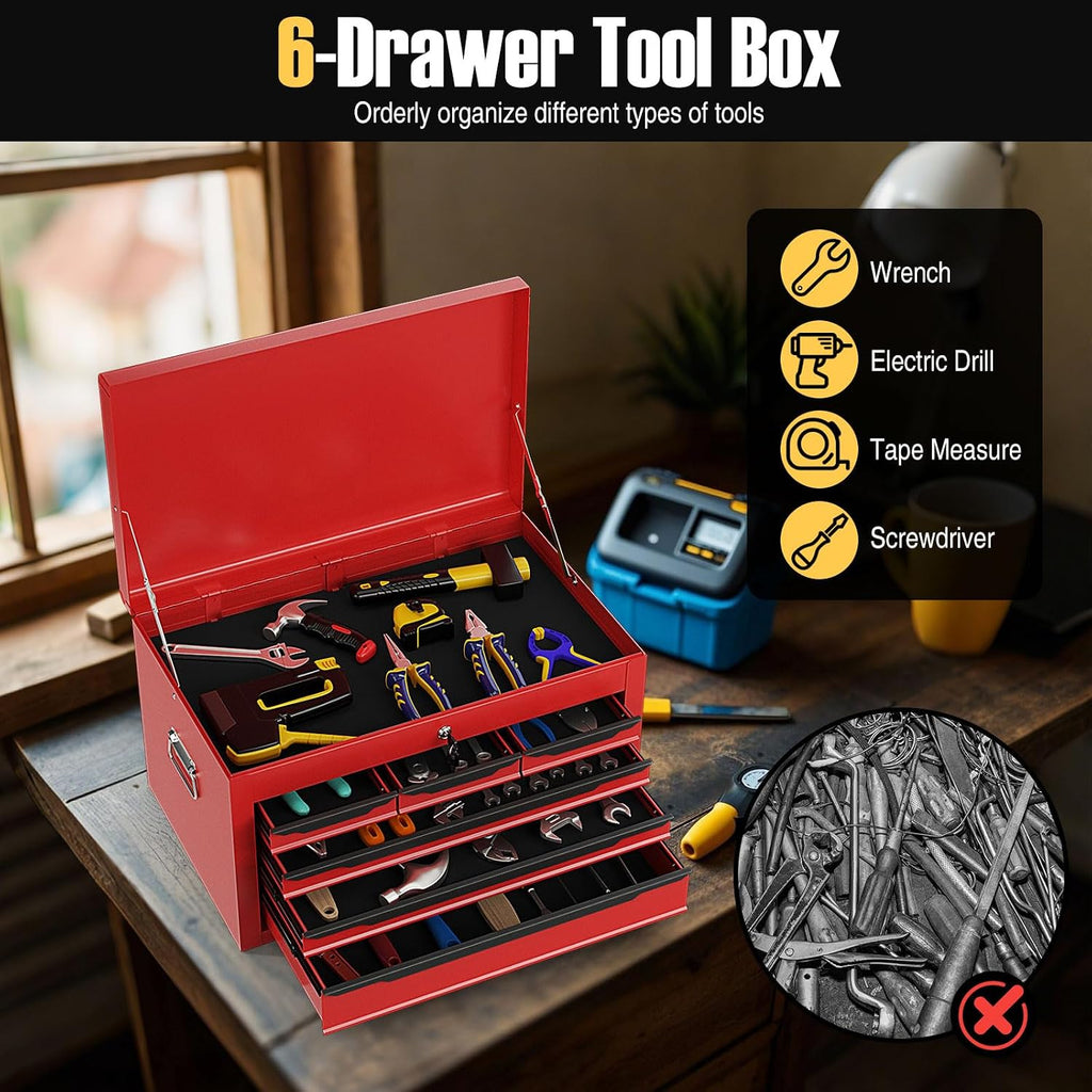Tool Box, 6-Drawer Steel Tool Chest with Top Storage Automatic Lock & EVA Liner, Portable Tool Storage Organizer for Repair Shop Garage Warehouse (Red)