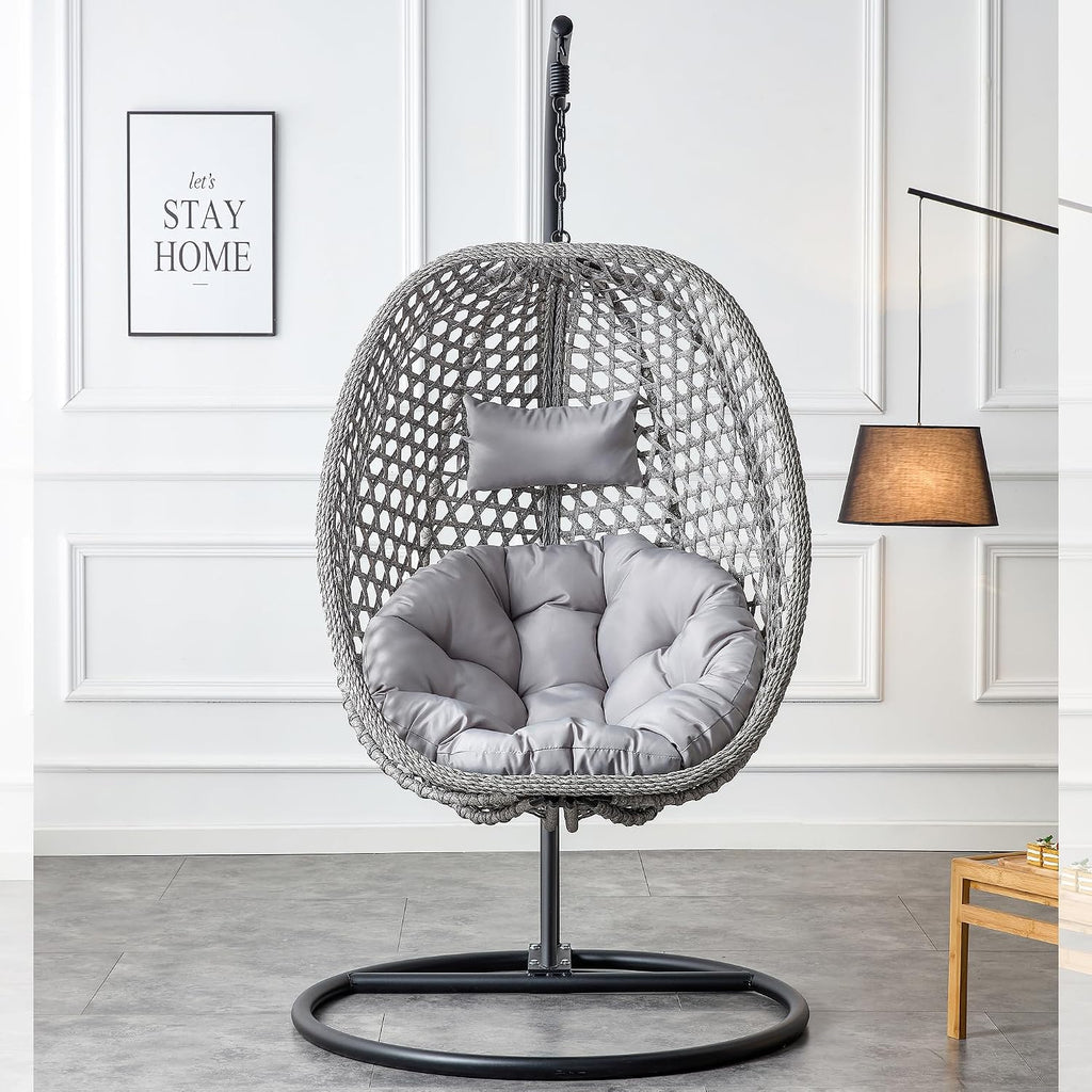Swining Egg Chair with Stand,Wicker Rattan Hanging Egg Chairs, Patio Swing with UV Resistant Cushion, Outdoor Indoor Hanging with Foldable Basket Metal Stand for Bedroom (Grey-S)