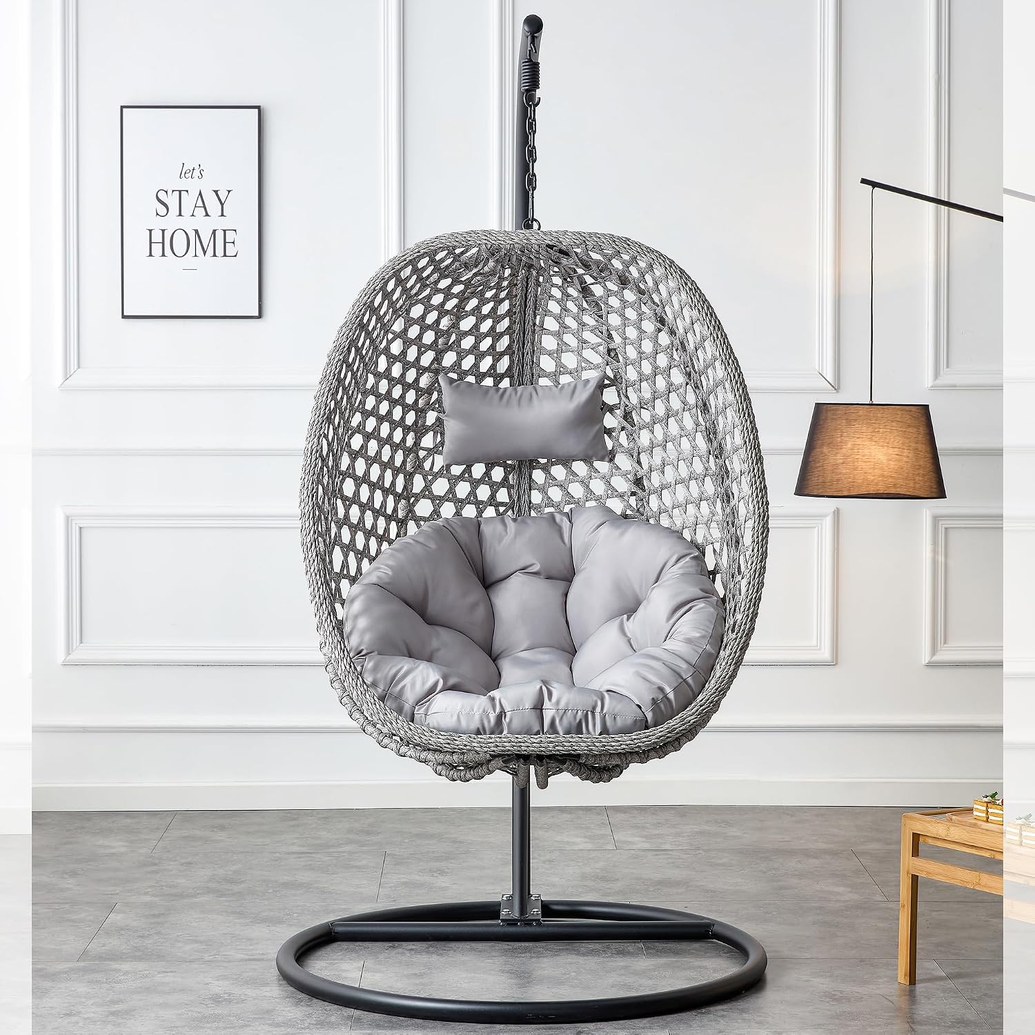 Swining Egg Chair with Stand,Wicker Rattan Hanging Egg Chairs, Patio Swing with UV Resistant Cushion, Outdoor Indoor Hanging with Foldable Basket Metal Stand for Bedroom (Grey-S)