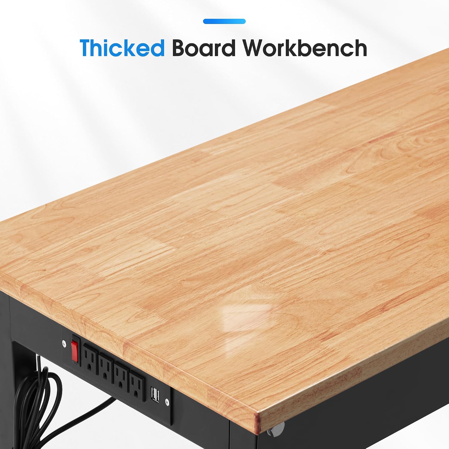 60'' Adjustable Workbench, 2000 LBS Load Capacity Heavy Duty Workstation with Power Outlets, Rubber Wood Top Worktable for Garage, Office,Workshop, Commercial