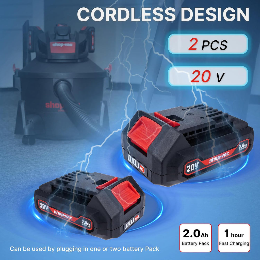 Shop-Vac 5430030 6 Gallon Cordless Wet/Dry Vac, 8.0 Peak Kpa, 1.5 Inch Diameter x 7 Foot Hose, Portable Design for Easy Cleanup in Home, Garage, and Vehicle