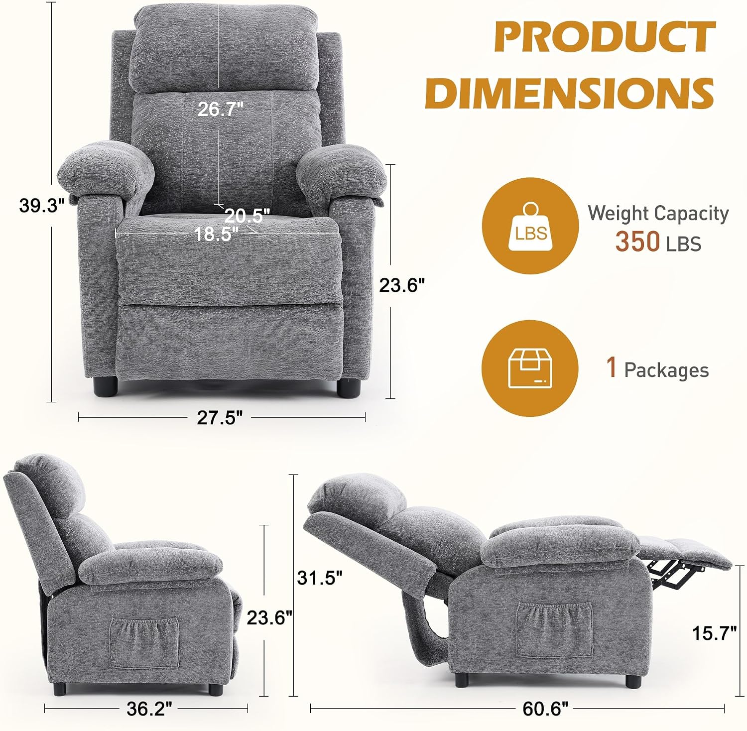 Korser Recliner Chair, Living Room Chairs for Adults, Padded Deep Seat Reading Chair with Side Pockets, Small Recliners for Small Spaces, Lounge Chair for Living Room, Bedroom, and RV (Chenille)
