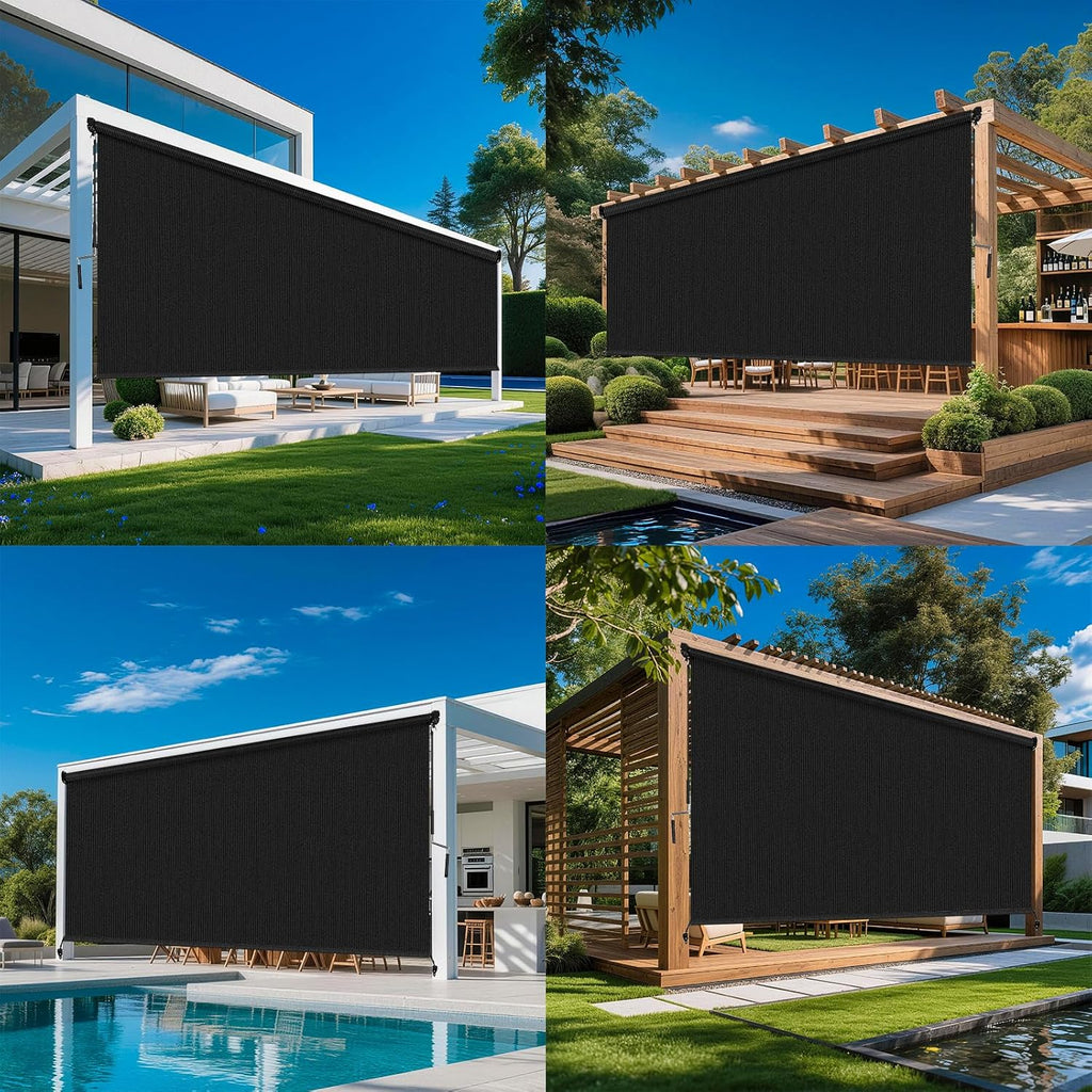 10'W x 8'H Black Outdoor Roller Shade with Crank Wand Patio Shades Roll up, Privacy Protection & UV Blocking for Pergola | Gazebo