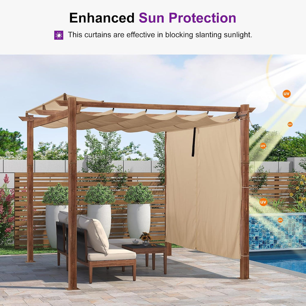 PURPLE LEAF 10' x 10' Outdoor Retractable Pergola Patio Metal Shelter for Garden Porch Beach Pavilion Natural Wood Grain Frame Gazebo Modern Yard Grill Pergola with Shade Canopy Curtains Khaki