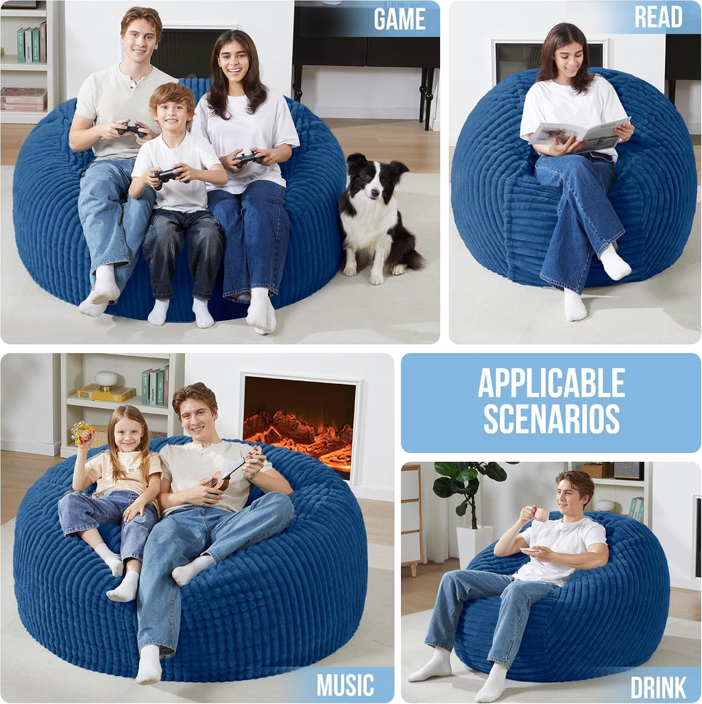 Homguava 5 FT Bean Bag Chair,5' Big Bean Bag,Giant Bean Bag Chairs for Adults with Memory Foam Filled,Comfy Large Beanbag Chairs Soft Bean Bag Sofa with Dutch Corded Plush Cover-Blue