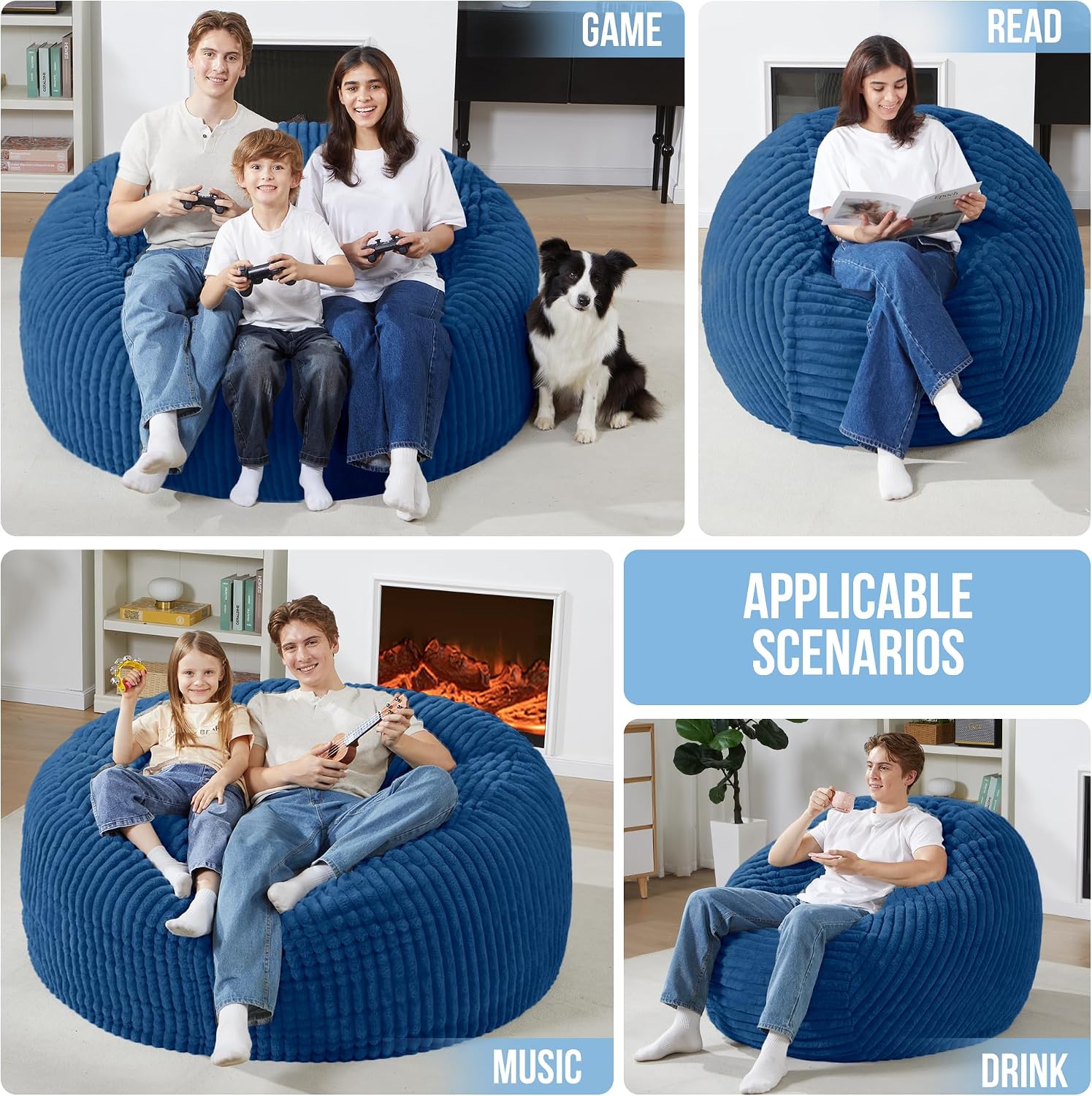 Homguava 5 FT Bean Bag Chair,5' Big Bean Bag,Giant Bean Bag Chairs for Adults with Memory Foam Filled,Comfy Large Beanbag Chairs Soft Bean Bag Sofa with Dutch Corded Plush Cover-Blue