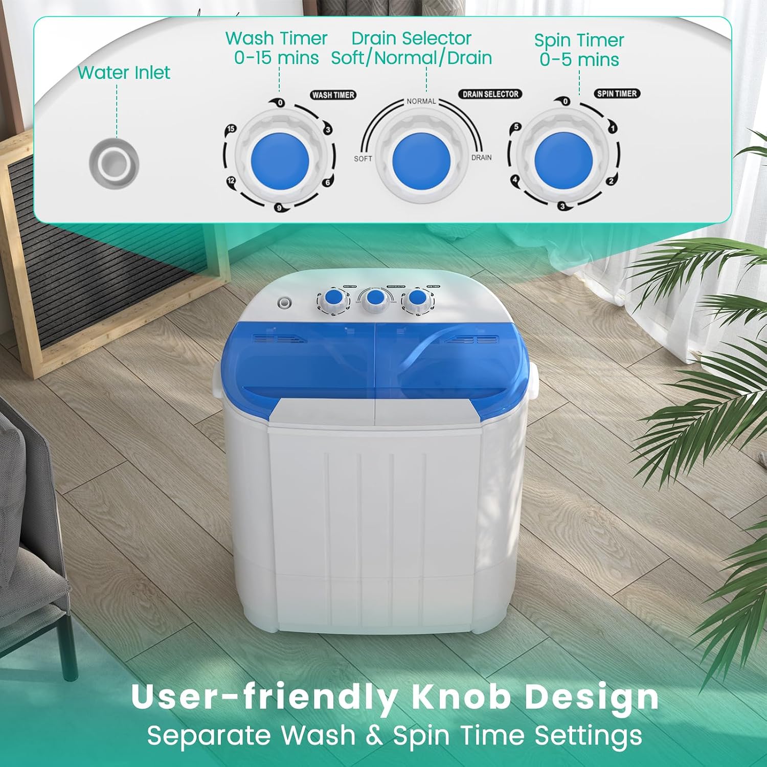 Auertech 14 Lbs Portable Washing Machine, Portable Washer for Apartment with 9 Lbs Washer, 5 Lbs Spinner, Mini Compact Top Load Washing Machine for RV Dorm Small Space