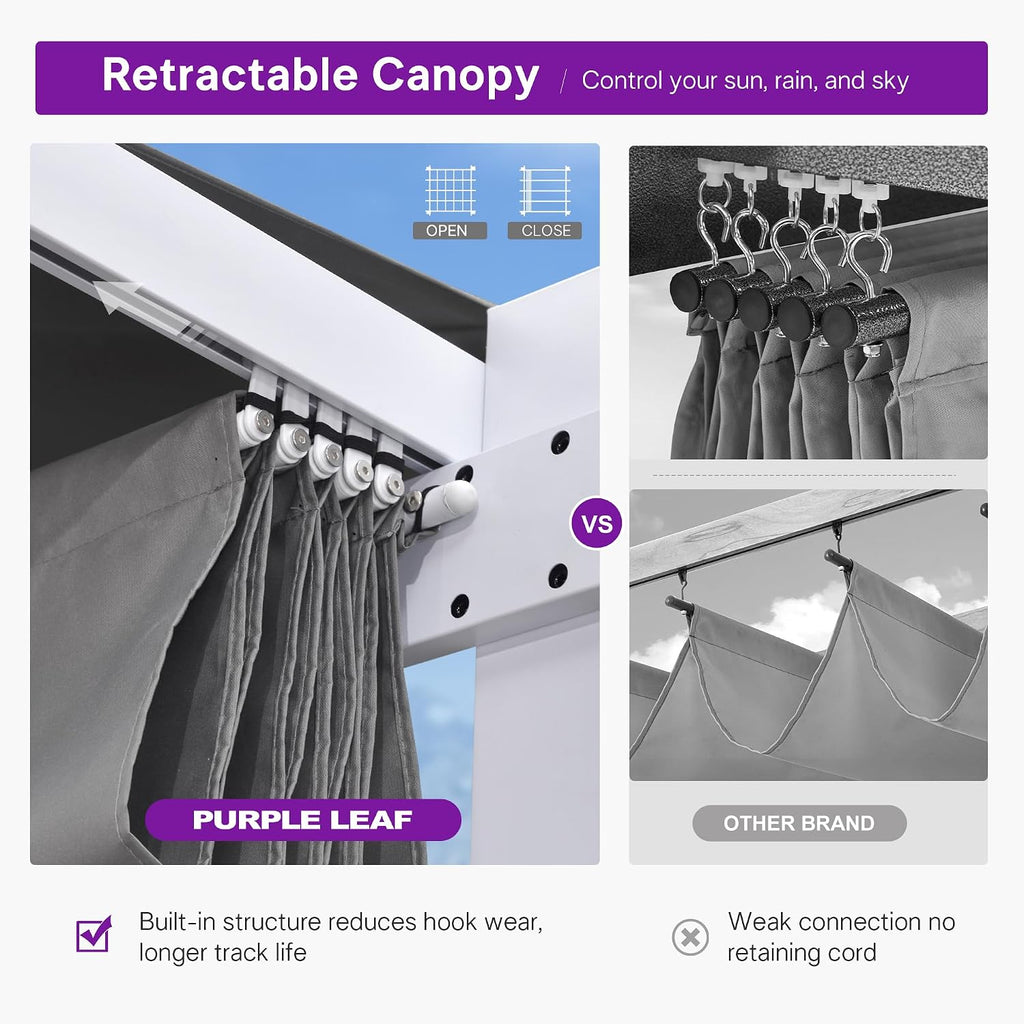 PURPLE LEAF 10' x 13' Aluminum Outdoor Pergola White Wind-Resistant Retractable Pergola with Double Sun Shade Canopy Heavy-Duty Metal Pergola for Patios Backyard Deck Garden, Grey