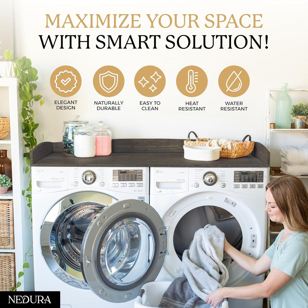 Nedura Washer Dryer Countertop w/Anti-Vibration Pads & Curved Edge Rails, Premium Bamboo Laundry Countertop, Washer Dryer Topper, Laundry Room Organization, Laundry Room Accessory - Espresso