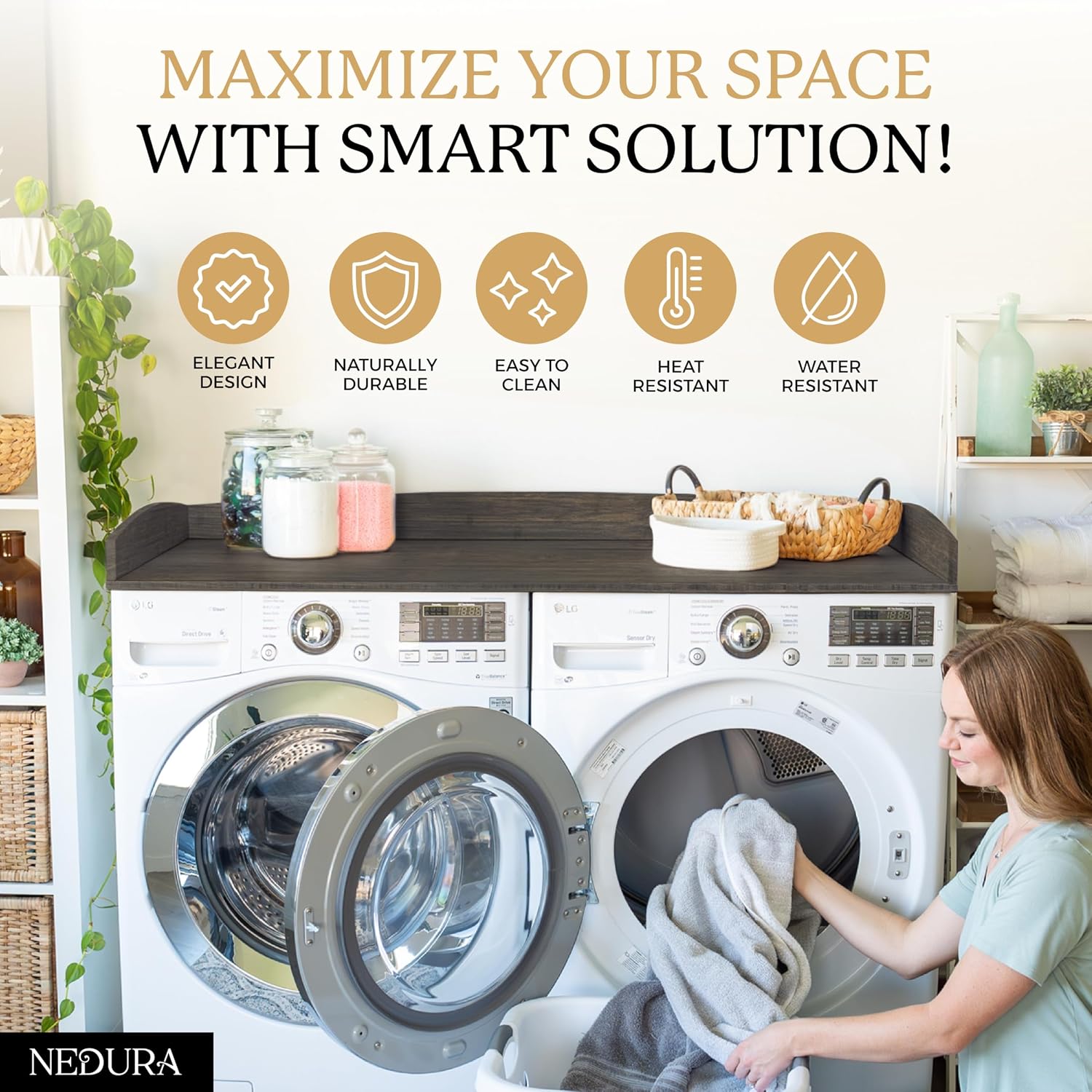 Nedura Washer Dryer Countertop w/Anti-Vibration Pads & Curved Edge Rails, Premium Bamboo Laundry Countertop, Washer Dryer Topper, Laundry Room Organization, Laundry Room Accessory - Espresso