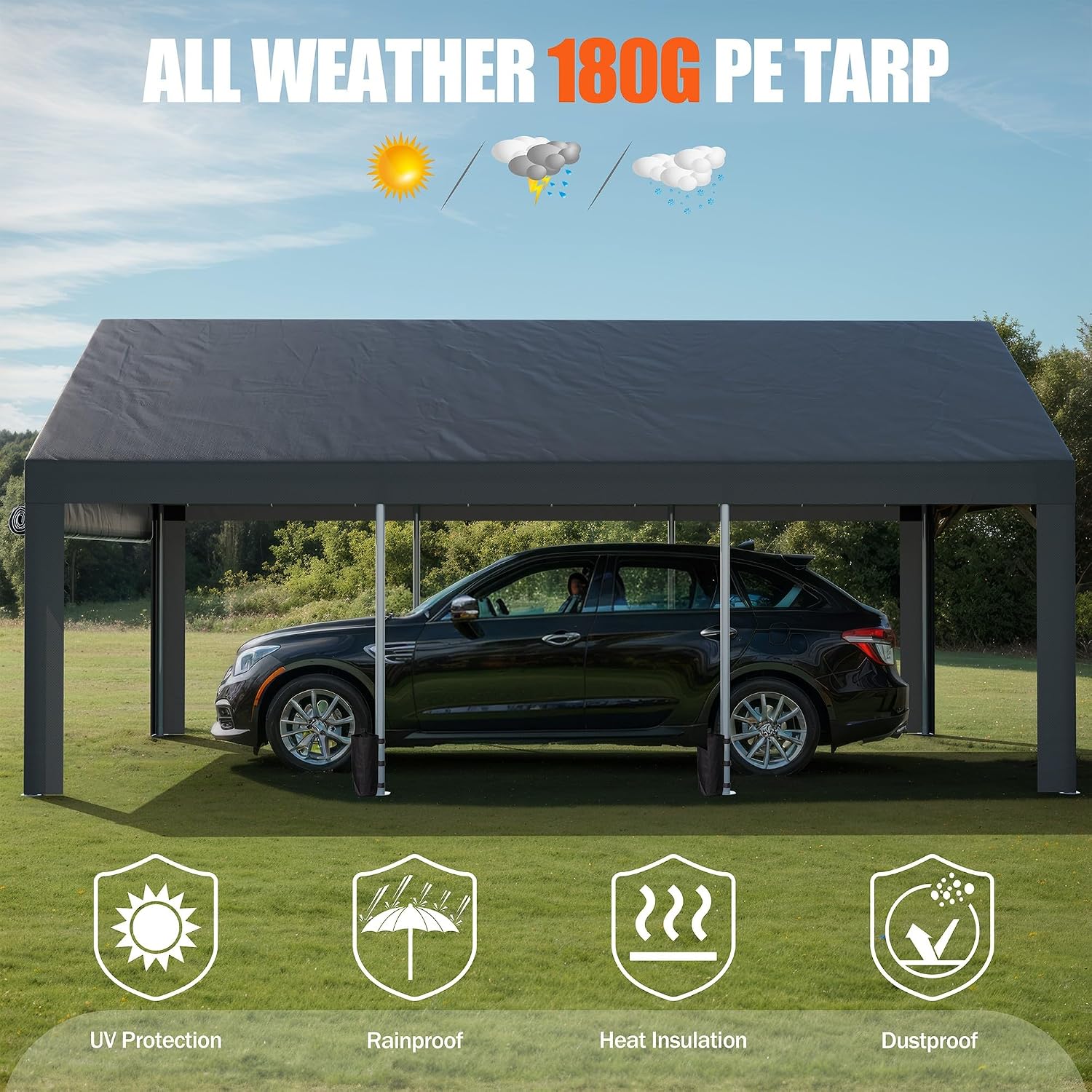 JAMFLY Carport, 12x20 ft Heavy Duty Carport with Roll-up Windows, Portable Garage with Removable Sidewalls & Doors, Car Canopy with Sandbags and All-Season Tarp for Car Boat Truck Motorcycle, Grey