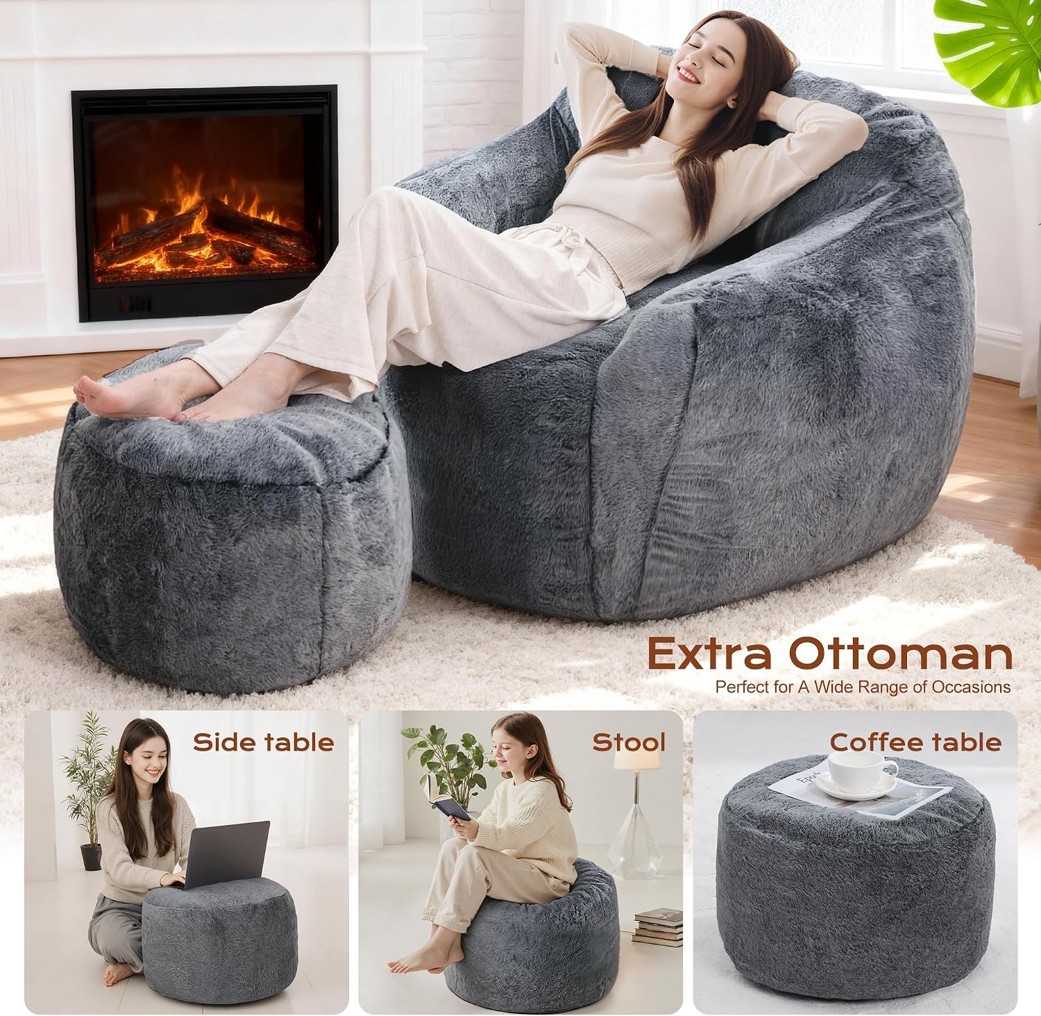 Giant Bean Bag Chair for Adults, Large Memory Foam BeanBag Chairs, Oversized Bean Bag Sofa with Filler, Faux Fur Big Reading Chair Comfy Floor Sofa Chair (Grey, Single with Ottoman)