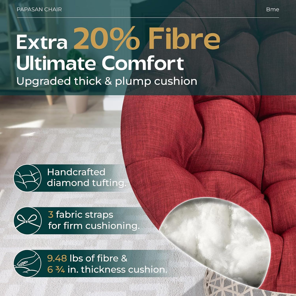 Bme 40' Ergonomic Wicker Papasan Chair with Soft Thick Density Fabric Cushion, High Capacity Steel Frame, 360 Degree Swivel for Living, Bedroom, Reading Room, Lounge, Cherry Sangria - White Base