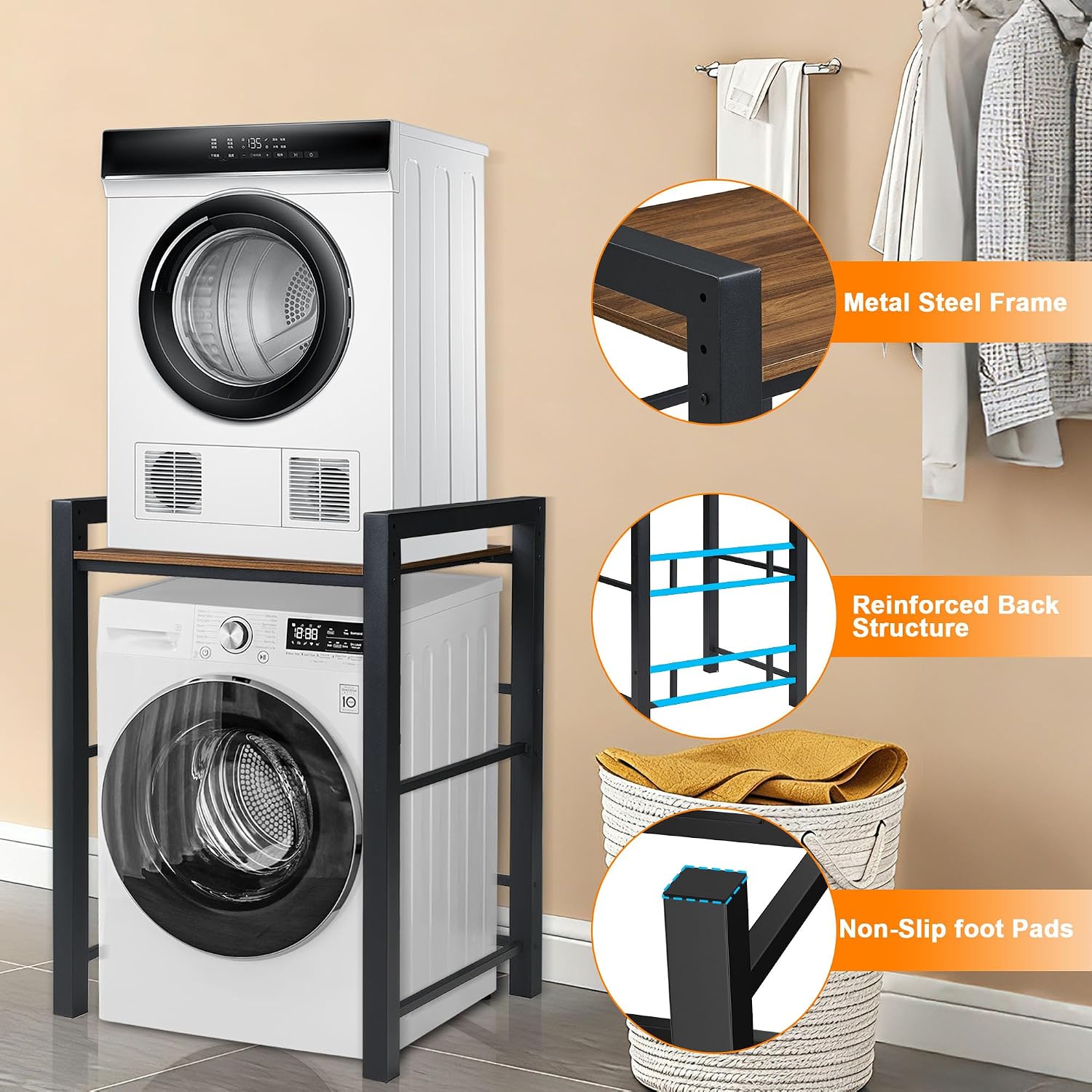 Washer Dryer Stacking Rack, 660lbs Capacity Heavy Duty Washer and Dryer Stacking Stand, 3 Adjustable Height Washing Machine Shelf for Compact Apartment, Laundry Rooms, Bathrooms and RV ((Black)