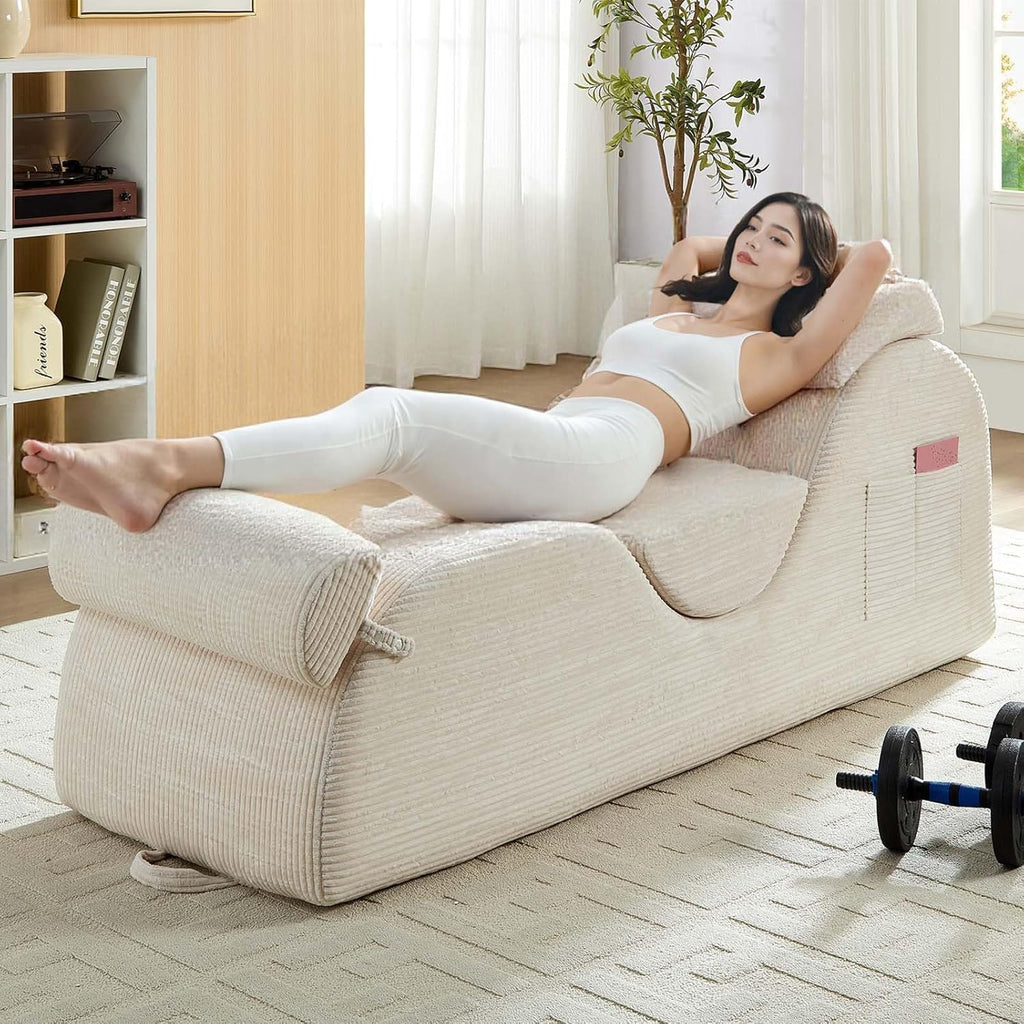 ijuicy 25' Wide Corduroy Yoga Chair, Ergonomic Stretch Chaise Lounge Chair Indoor, Reading Chair with Headrest, Waist Cushion, Movable Footrest, Side Pockets, High Density Sponge-Beige