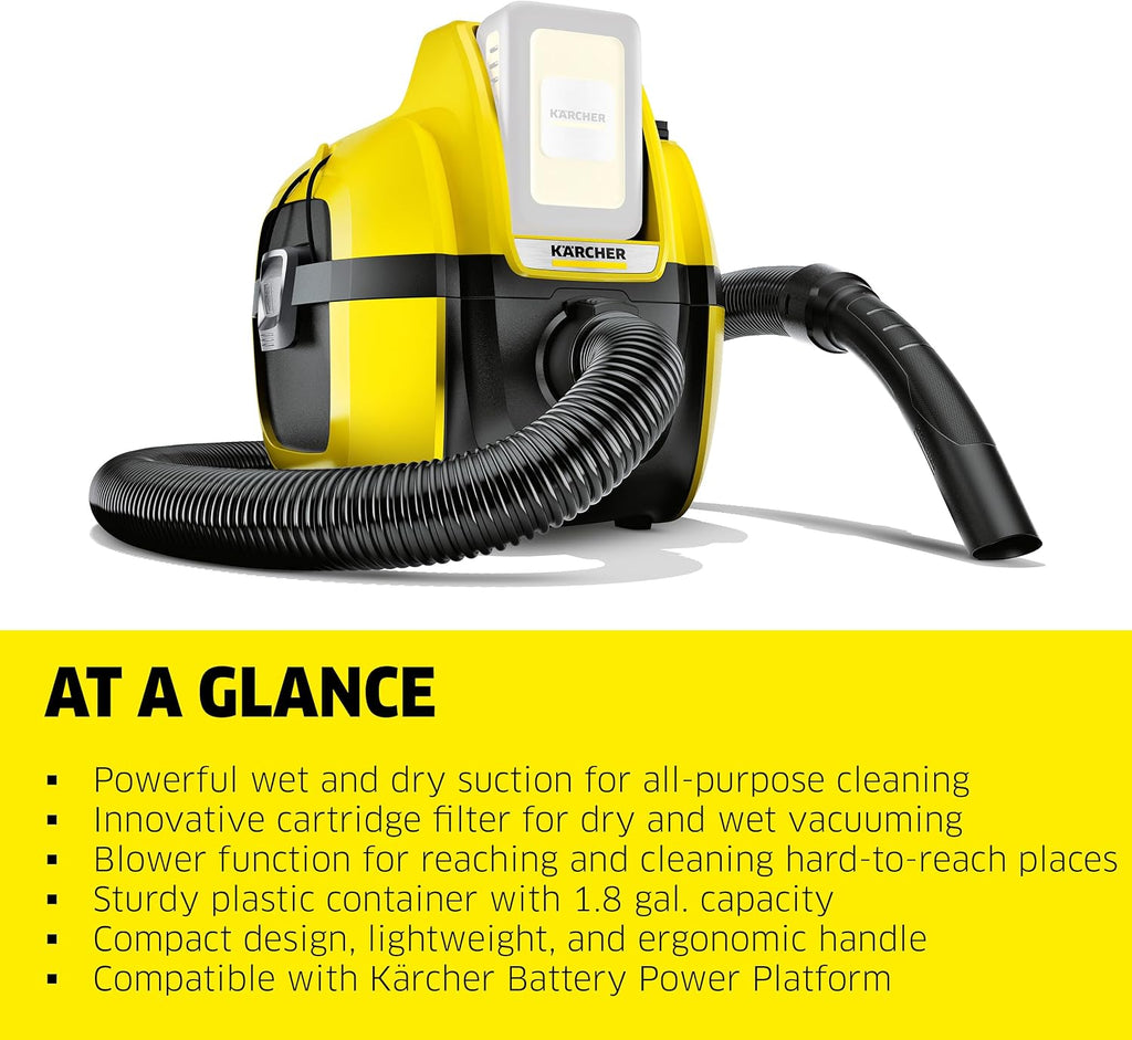 Kärcher WD 1 Compact Battery Powered Wet Dry Shop Vacuum Cleaner Ideal for Car Cleaning with Attachments, Multi Purpose – Blower Feature, Compact Space-Saving Design, Portable (Tool Only)