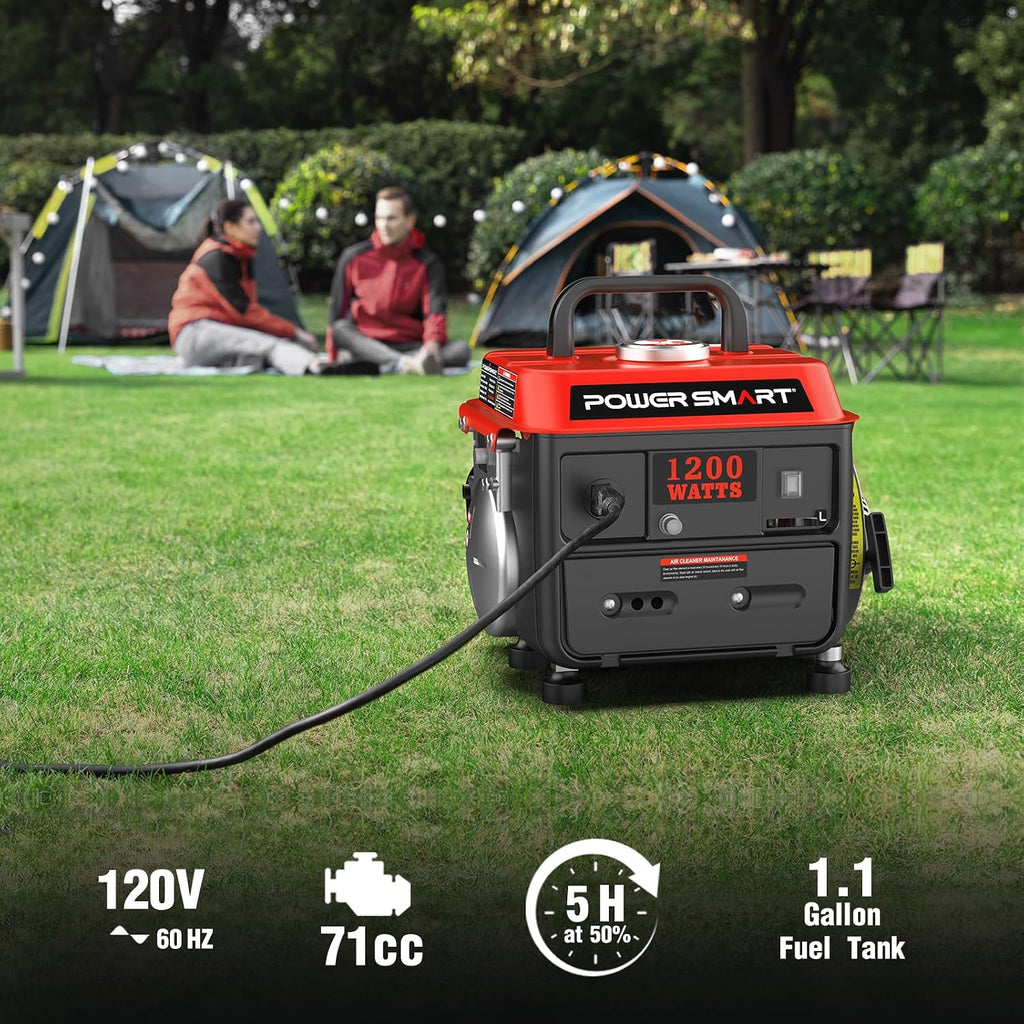 PowerSmart 1200W Portable Gasoline Generator, 71cc 2-Stroke Gas Powered Engine with 900W Rated Power, 50:1 Fuel Mix, 5-Hour Runtime at 50% Load, EPA Compliant for Camping, Tailgating