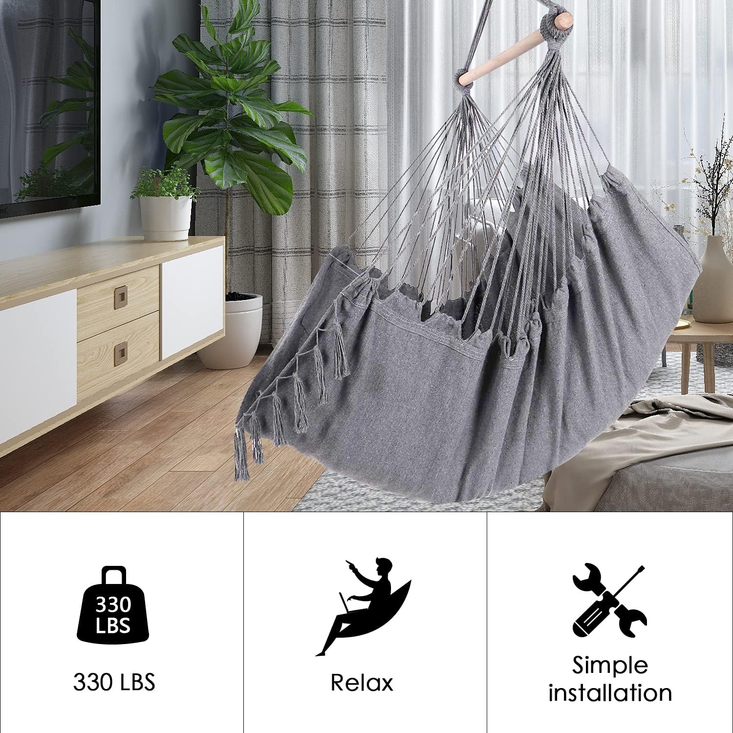 ZLX Hammock Chair Hanging Rope Swing with Hardware Kit and 2 Cushions, Handmade Macrame Hanging Chair for Bedroom Patio Yard Garden, Max 330 Lbs, Grey