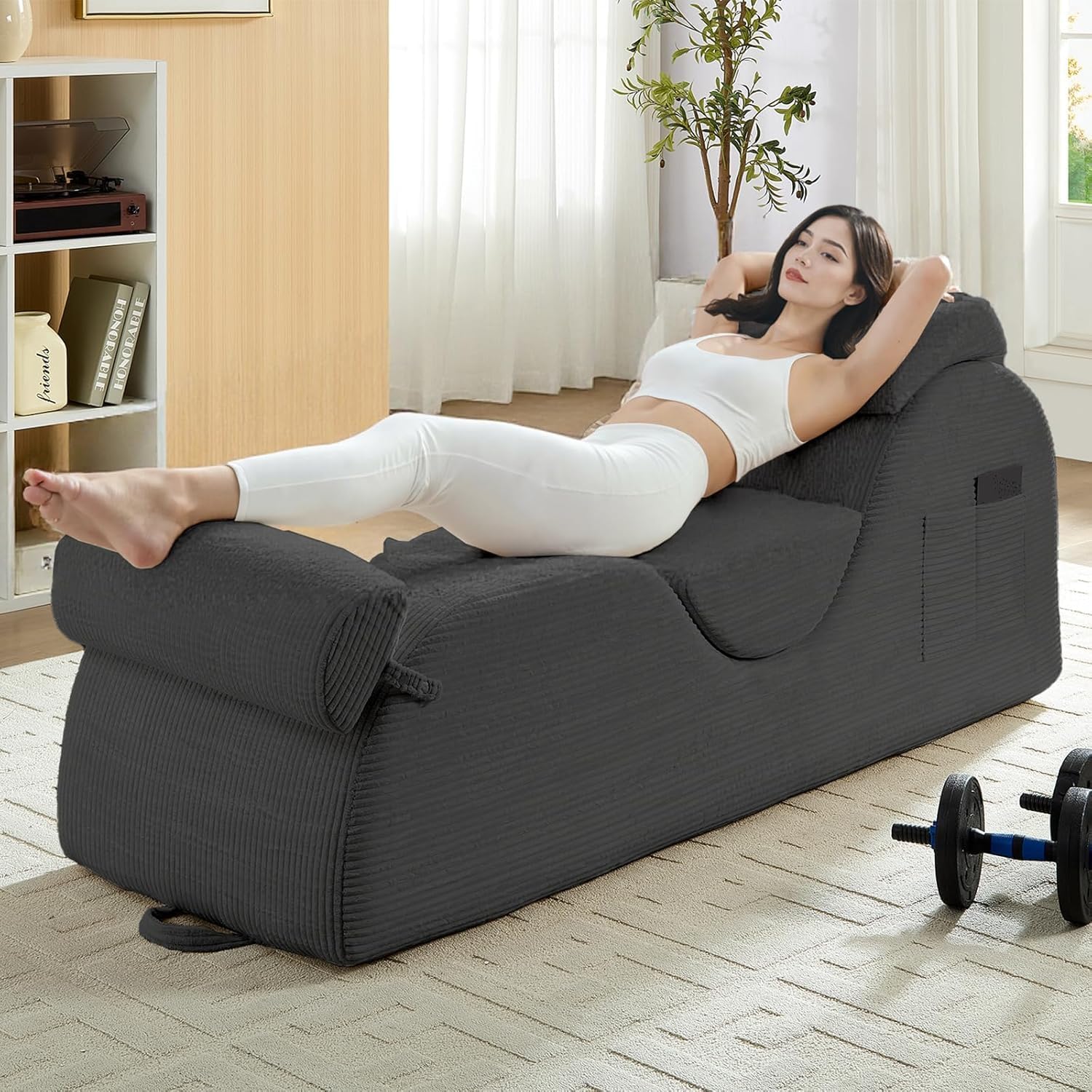 ijuicy 25' Wide Ergonomic Stretch Yoga Chair, Modern Floor Relax Chaise Lounge Chair with Adjustable Headrest, Waist Support Cushion, Movable Footrest & Side Pockets-Light Grey