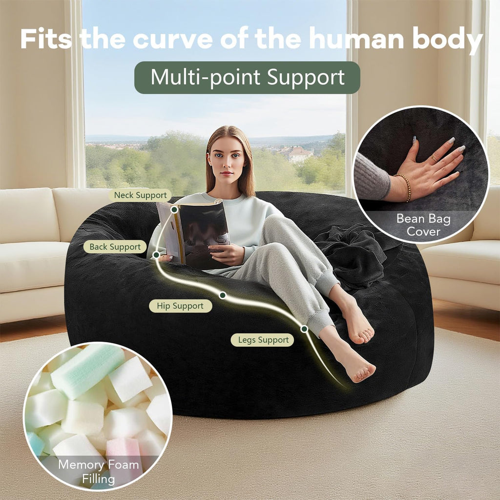 5FT,Big Bean Bag Chairs for Adults，Bag with Filler Included，Comfortable and Soft Plush ，Memory Foam Bean Bag,Oversized Bean Bag,Read Chair Suitable for Living Room and Bedroom (Black, 5 Foot)