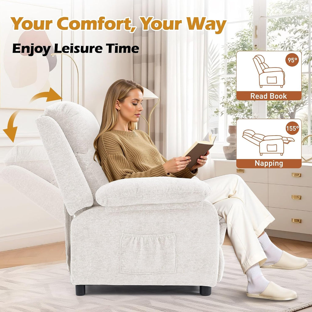 Korser Recliner Chair, Living Room Chairs for Adults, Padded Deep Seat Reading Chair with Side Pockets, Small Recliners for Small Spaces, Lounge Chair for Living Room, Bedroom, and RV (Chenille)
