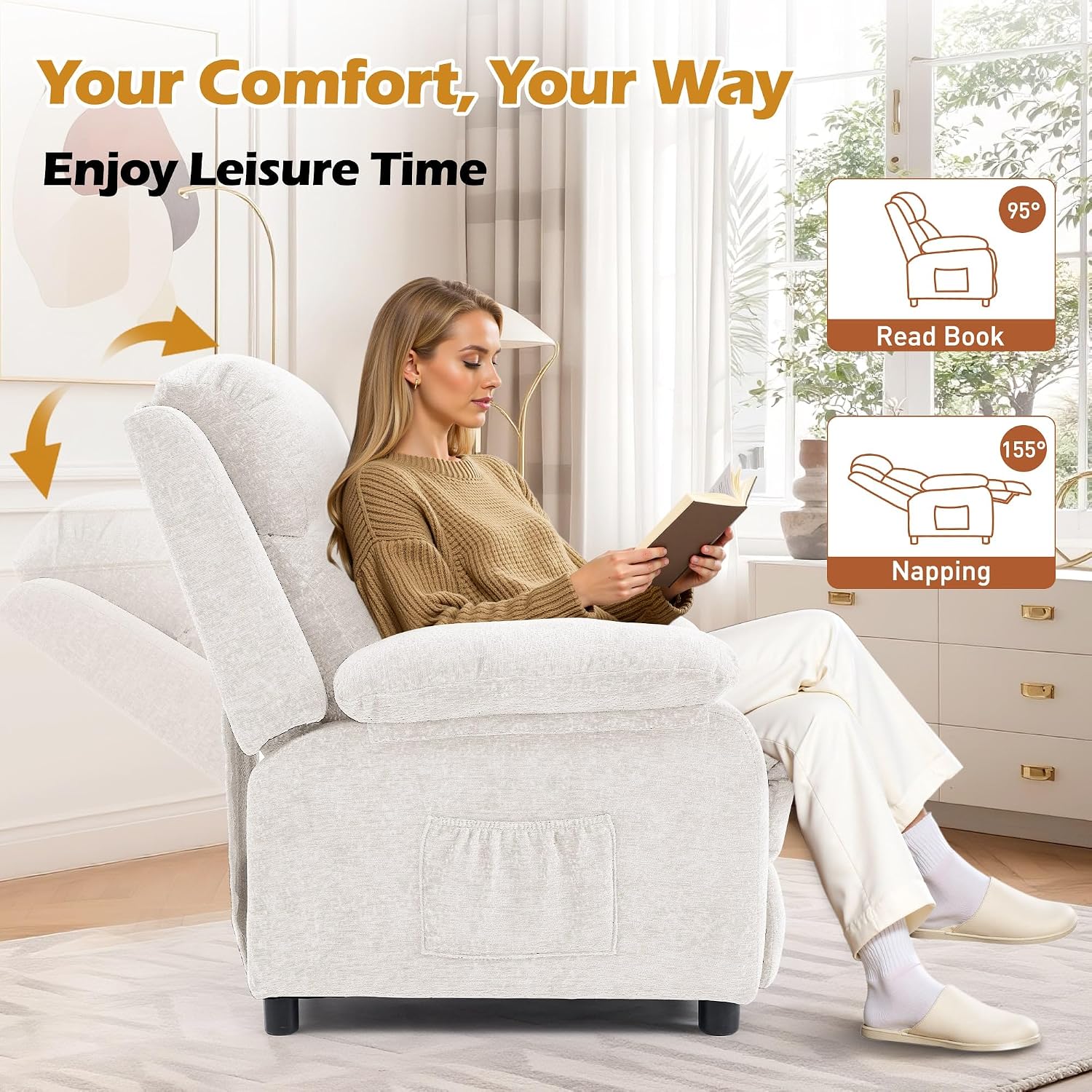 Korser Recliner Chair, Living Room Chairs for Adults, Padded Deep Seat Reading Chair with Side Pockets, Small Recliners for Small Spaces, Lounge Chair for Living Room, Bedroom, and RV (Chenille)