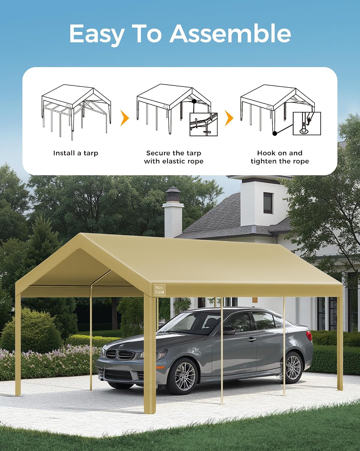Heavy Duty 12x20FT Carport Replacement Canopy Cover, Waterproof UV Protected Tarp Replacement Top for Carport Frame with Ball Bungees, Car Garage Shelter (Khaki, Top Cover Only)