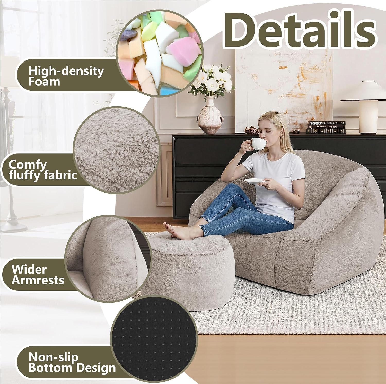 Bean Bag Chairs with Ottoman for Adults, Comfy Beanbag Chair with High-Resilience Foam, Oversized Bean Bag Sofa with Soft Faux Fur Fabric, Bean Bag Chair for Living Room,Bedroom,Khaki
