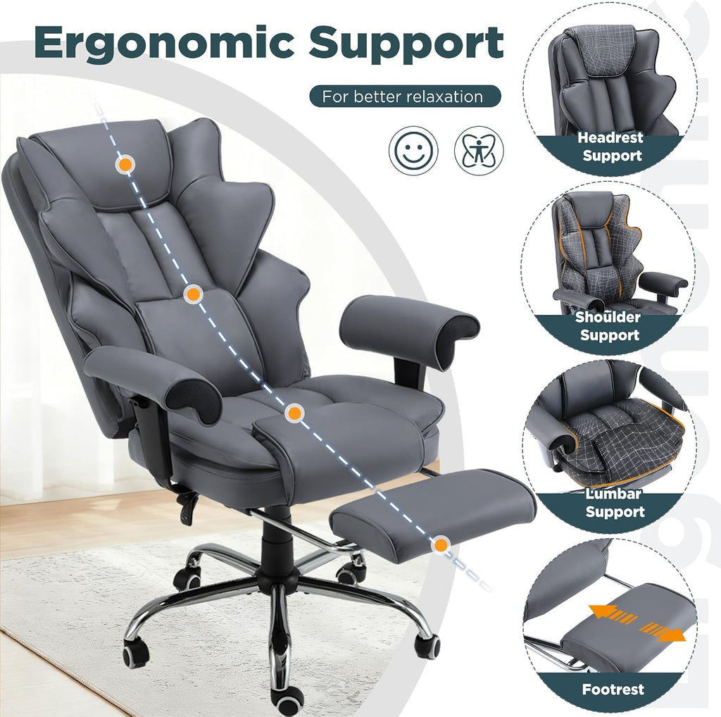 HOMREST Grey Ergonomic Office Chair with 6-Point Vibration Massage & Heat – Reclining Executive Chair with Adjustable Footrest and Armrests, PU Leather Big and Tall Home Office Desk Chair