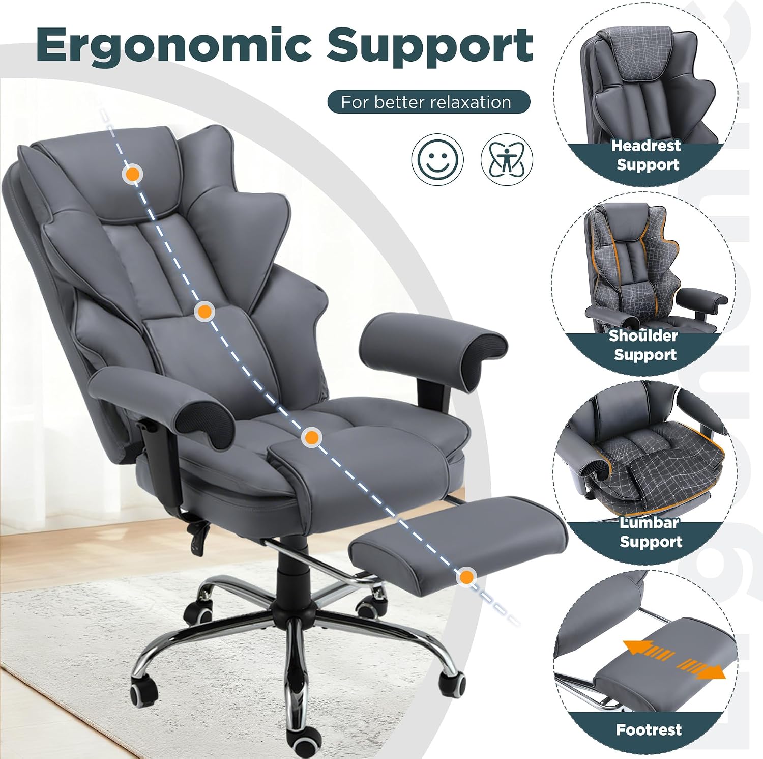 HOMREST Grey Ergonomic Office Chair with 6-Point Vibration Massage & Heat – Reclining Executive Chair with Adjustable Footrest and Armrests, PU Leather Big and Tall Home Office Desk Chair