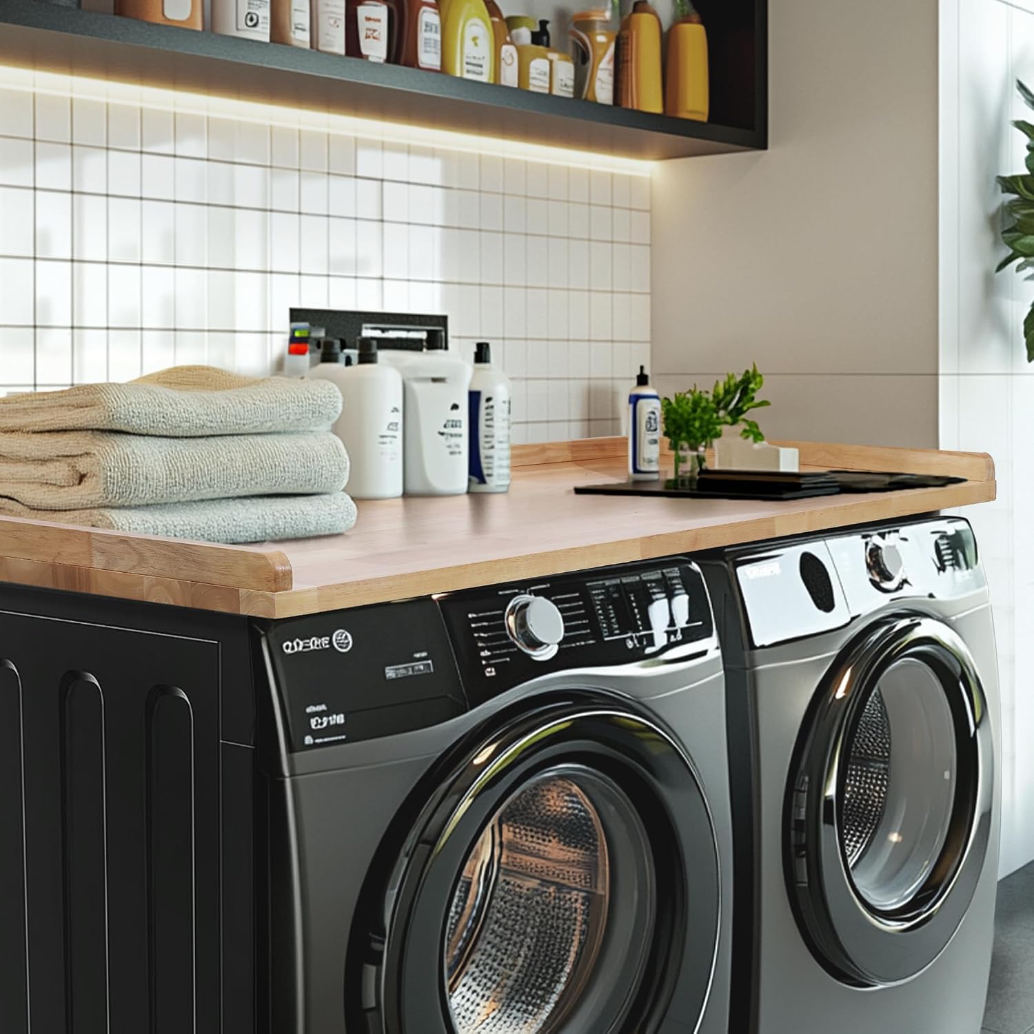 Murago Washer Dryer Countertop, 100% Natural Wood, Laundry Countertop Over Washer and Dryer, Laundry Machine Topper for Front Loaders, Fits All Major Brands, Anti Vibration Pads, 54' x 27.5' Black