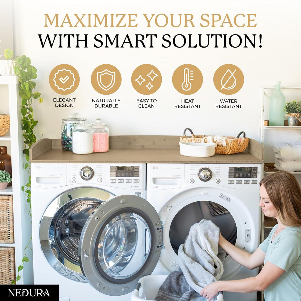 Nedura Washer Dryer Countertop w/Anti-Vibration Pads & Curved Edge Rails, Premium Bamboo Laundry Countertop, Washer Dryer Topper, Laundry Room Organization, Laundry Room Accessory - Driftwood