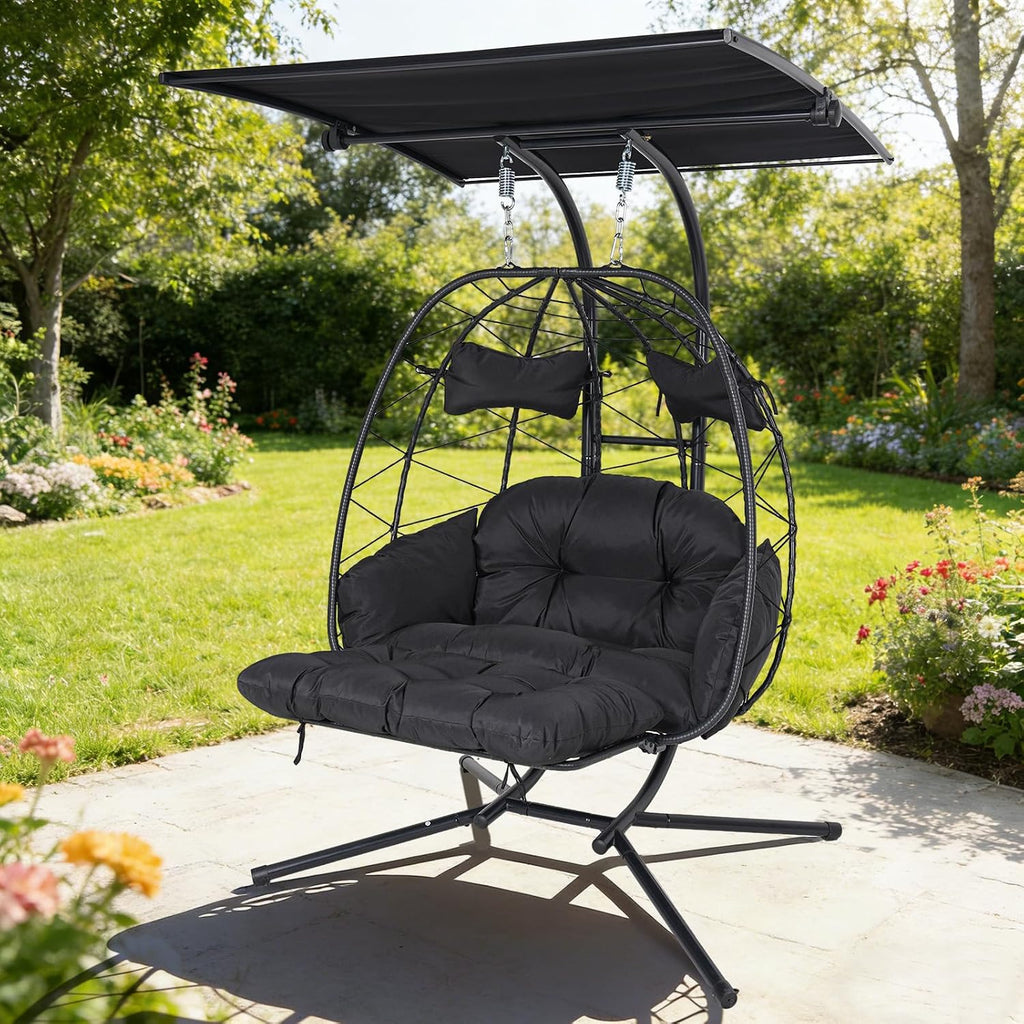 Double Egg Chair Outdoor with Stand & Canopy, 2 Person Hanging Egg Chair with Footrest, Oversized Rattan Wicker Egg Swing Chair for Patio Backyard Garden, 660Lbs, Black