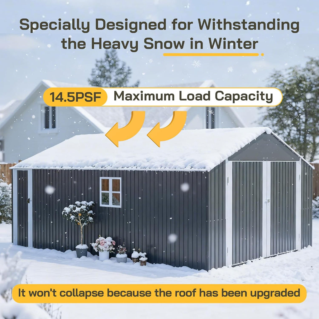 KEIKI 12x20 FT Outdoor Metal Storage Shed Garage with Double Doors, Large Capacity Steel Utility Shed for Vehicle Equipment and Garden Tool Storage, Weather Resistant Backyard Shed
