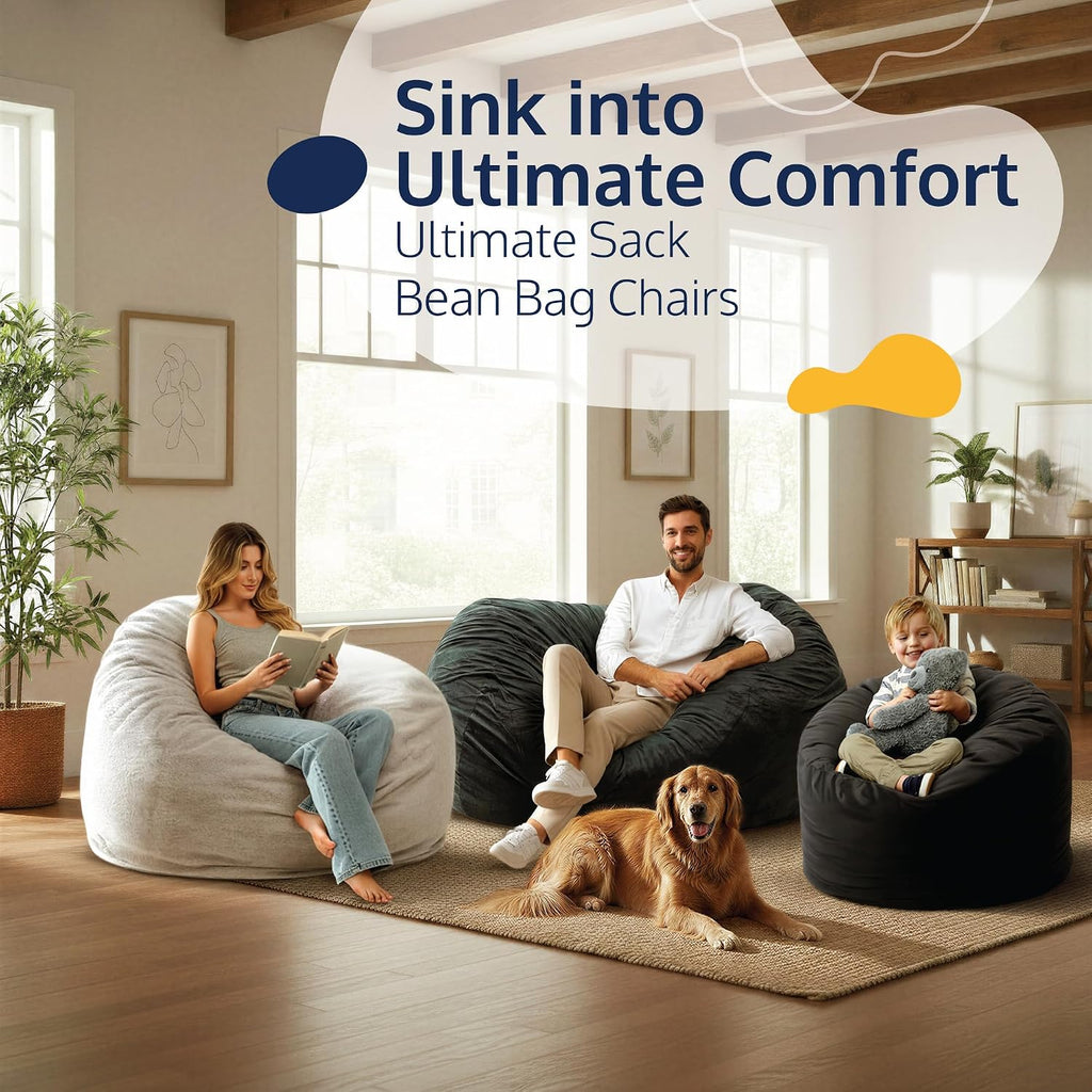 ULTIMATE SACK 5000 5-Foot Bean Bag Chair with Footstool, Grey Suede Cover – Oversized Foam Lounger, Floor Seat, Small Sofa, or Couch Bed for Living Area, Gaming Room, or Reading Lounge