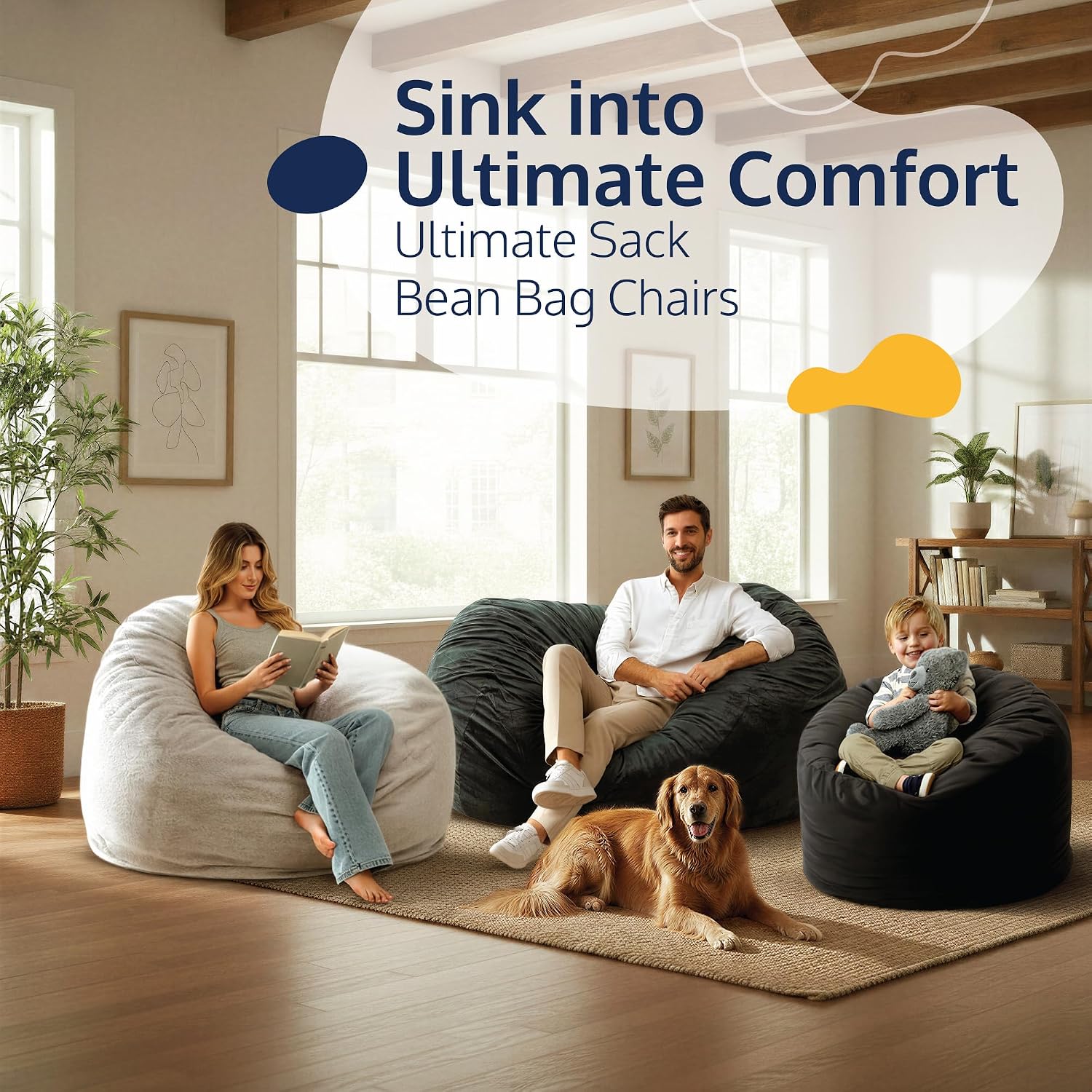 ULTIMATE SACK 5000 5-Foot Bean Bag Chair with Footstool, Grey Suede Cover – Oversized Foam Lounger, Floor Seat, Small Sofa, or Couch Bed for Living Area, Gaming Room, or Reading Lounge