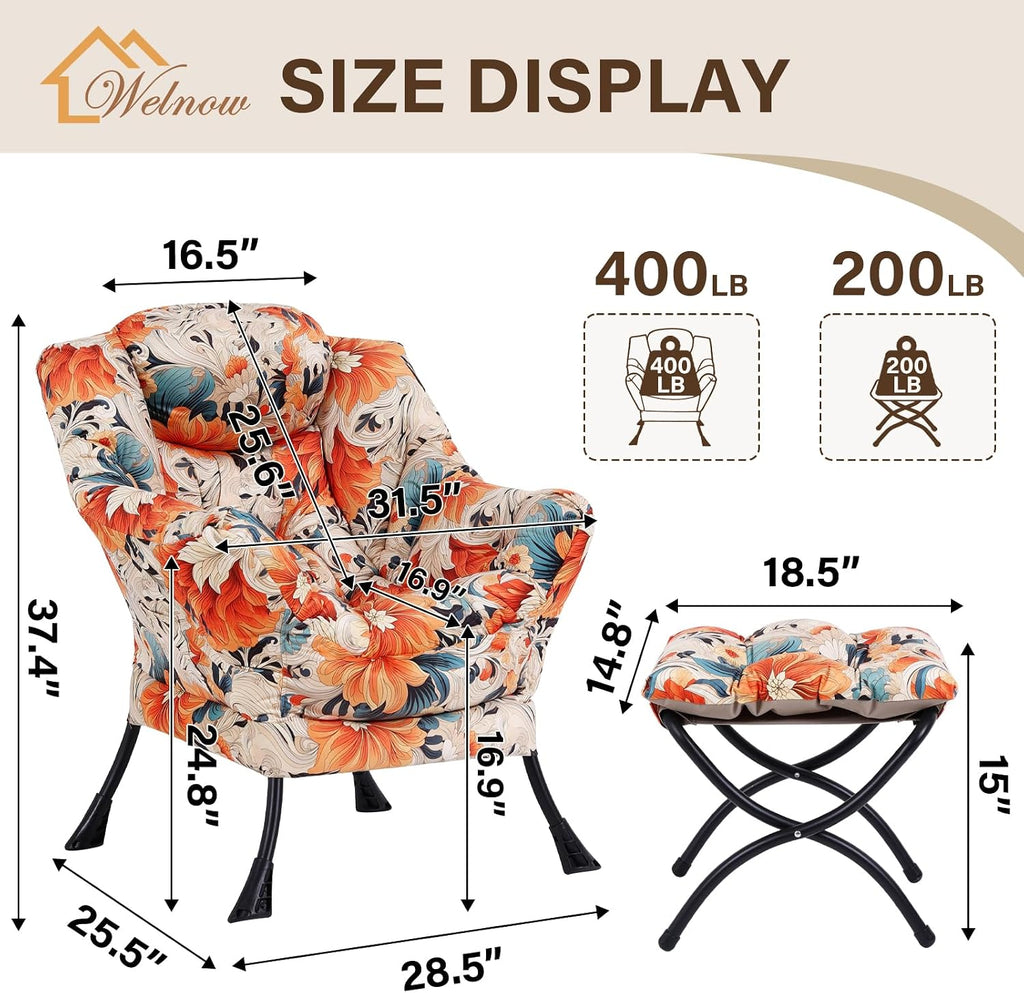 Welnow Lazy Chair with Ottoman, Modern Accent Chair with Armrests and a Side Pocket, Leisure Sofa Armchair Set, Reading Armchair with Footrest for Small Space, Orange Blue