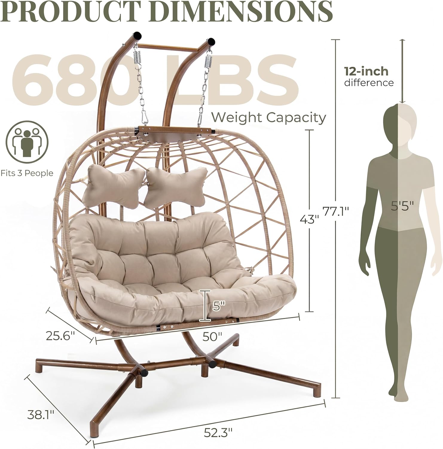RADIATA 2 Person Hanging Egg Chair with Stand, Outdoor Double Egg Chair Swing with Foldable Basket, XL Wicker Double Egg Swing Chair with Thick Cushions for Patio Backyard Porch Balcony Deck, Beige