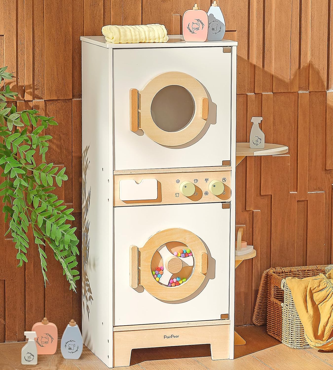 PairPear Wooden Toy Washing Machine Playset, Kids Washer & Dryer Laundry Playset with Iron, Toddler Pretend Kitchen Spinning Bead Drum Toy Gift for Age 3+