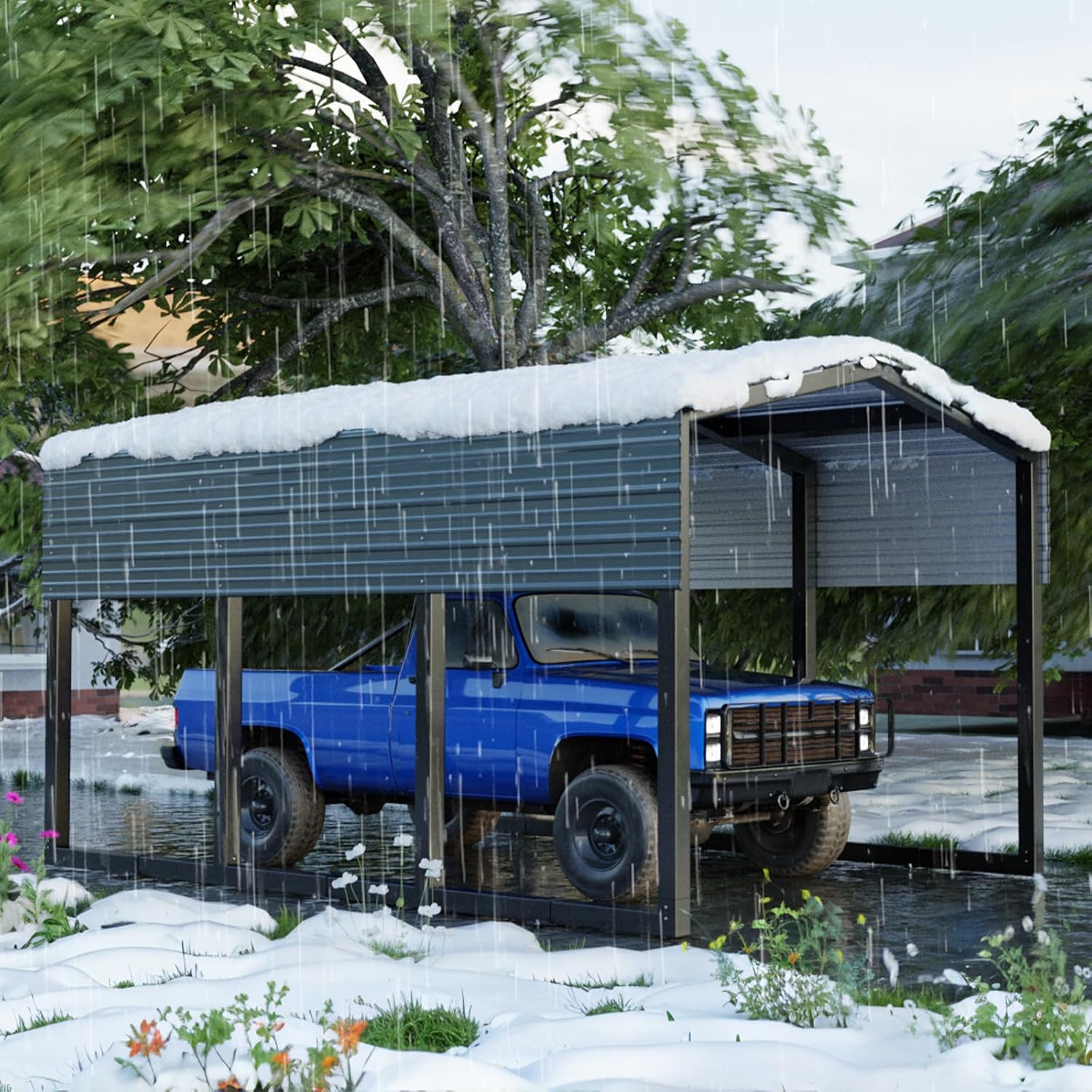 Metal Carport 10x15ft Heavy-Duty | Military-Grade Reinforced Garage Kits with Steel Roof & Hurricane | 80lbs/Sq.Ft Snow/RV/Camper/Truck/Tractor Shelter Outdoor