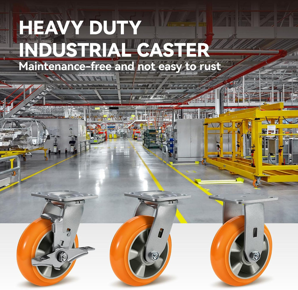 6' Caster Wheels Heavy Duty, Crowned Tread Aluminum Core Thickened Polyurethane Casters Set of 4 with Load 4800lbs Capacity, Industrial Swivel Caster Wheels for Cart Toolbox (4 Swivel)