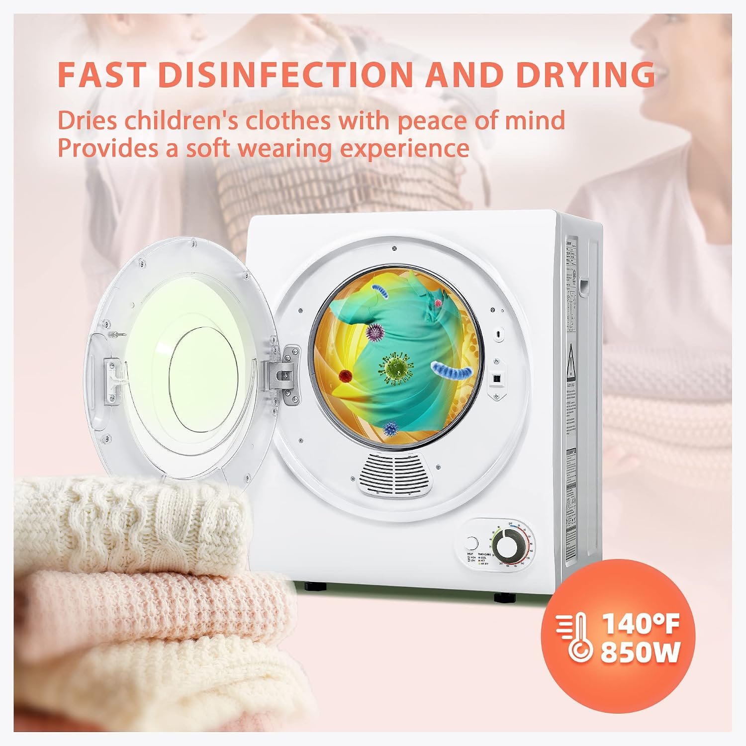 Euhomy Portable Dryer 1.5 cu. ft., 850W Powerful Clothes Dryer with Stainless Steel Drum and Exhaust Hose, Dryer Ideal for Apartments, RVs, Dorm Rooms，White