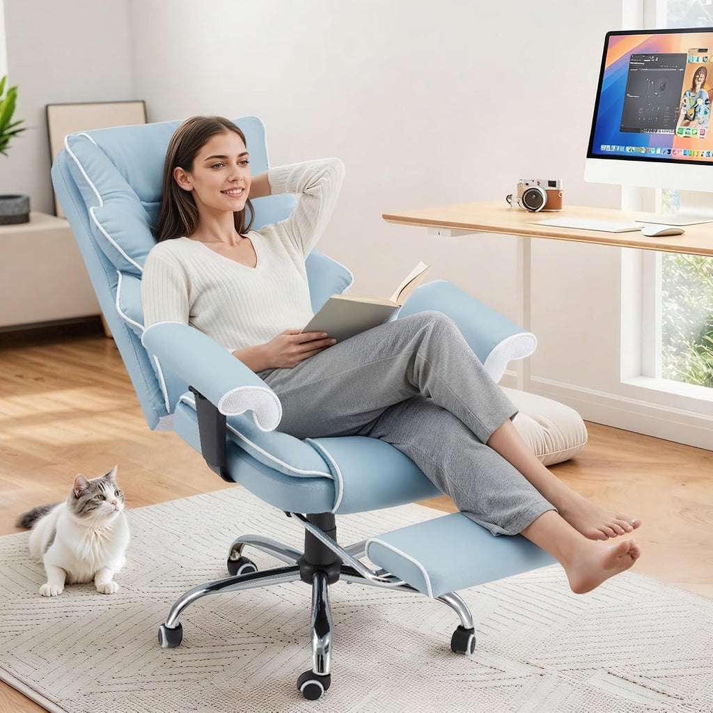 HOMREST Ergonomic Executive Office Chair with 6-Point Vibration & Heat - Reclining Managerial Chair with Adjustable Footrest and Armrests,Big and Tall Leather Home Office Desk Chairs(Airy Blue)