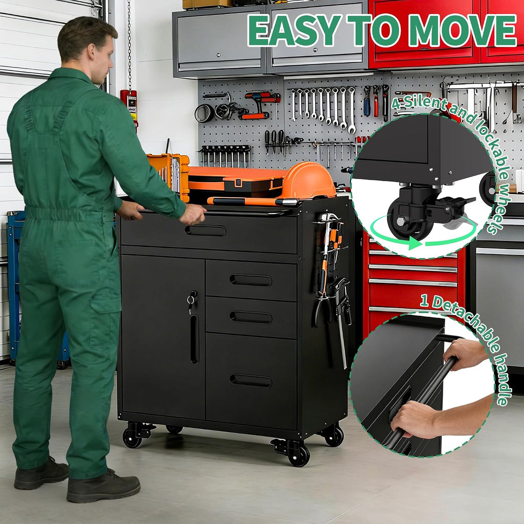 Garage Storage Cabinet,Metal Rolling Tool Cabinet with 2 Pegboard and 10 Hook,Heavy Duty Mechanics Tool Chest Storage for Workshop, Basement,Warehouse,Include Workbench Liner,Black