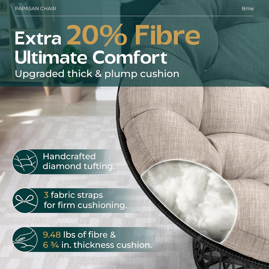 Bme 40' Ergonomic Wicker Papasan Chair with Soft Thick Cushion & Frame, 360° Swivel Papasan Chair, Circle Chair, Reading Chair, Chair for Living Room, Bedroom, Silver Cloud - Black Frame