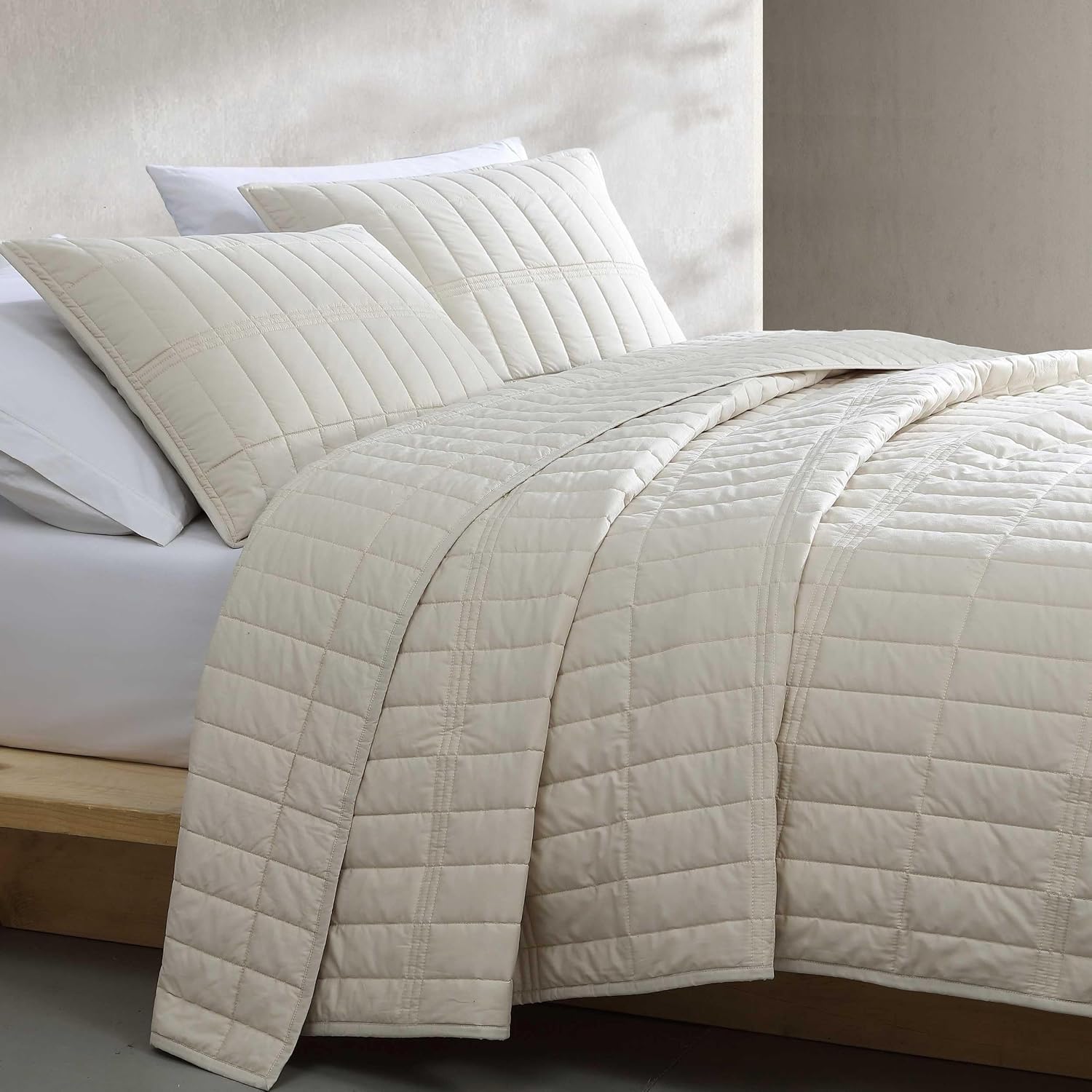 Calvin Klein - Queen Quilt Set, Cotton Percale Weave Bedding with Matching Shams, Crisp & Cool, Oeko-Tex Certified (Washed Percale Light Beige)