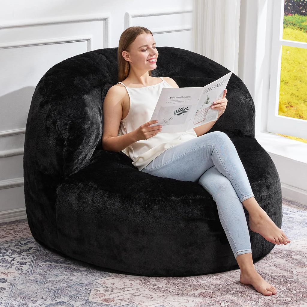 Hobestluk Bean Bag Chair Giant Bean Bag Chairs for Adults Big Bean Bag Chair with Memory Foam Filler Adults Large Beanbag with Faux Fur Cover for Bedroom(Plush Black,Oversize)