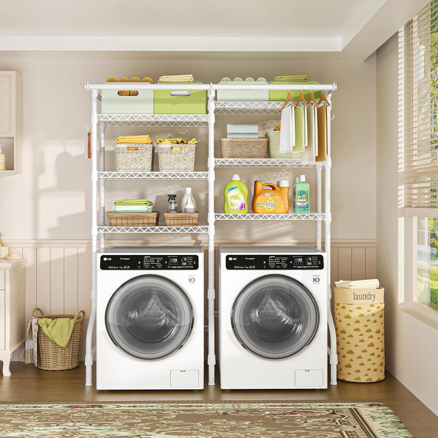 Ulif U13 Medium Over Washer and Dryer Storage Shelves, 6 Tiers Laundry Room Standing Shelf with 2 Hanger Rods, Space Saver Clothes Drying Rack, 57.8' W x 22' D x 77.4' H, White